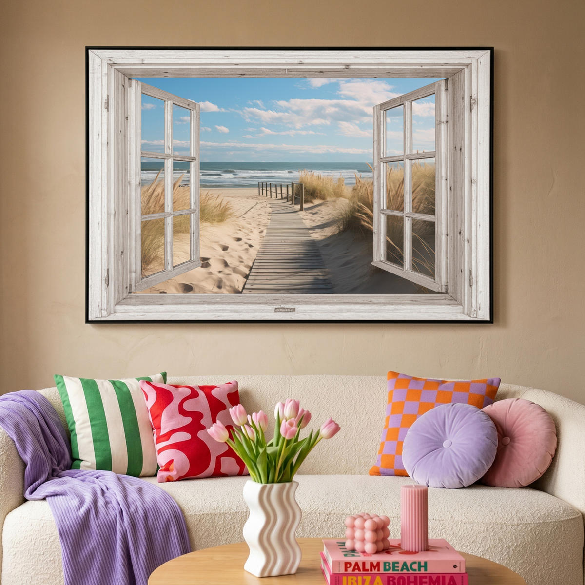 LEINWAND Bilder mit Rahmen - Fenster - Meer - Küste - Natur - Ausblick - Strand - Wattenmeer - 150x100 - Beige, Textil (150/100cm) - MuchoWow