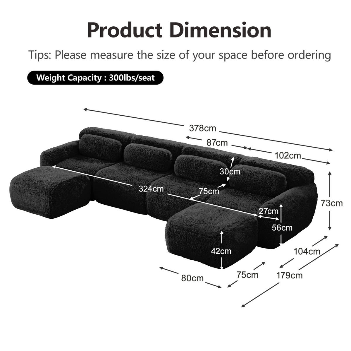ECKSOFA 378/179/73 cm schwarz aus Plüsch frei kombinierbar ohne Montage - Schwarz, Textil (179/378cm) - OKWISH