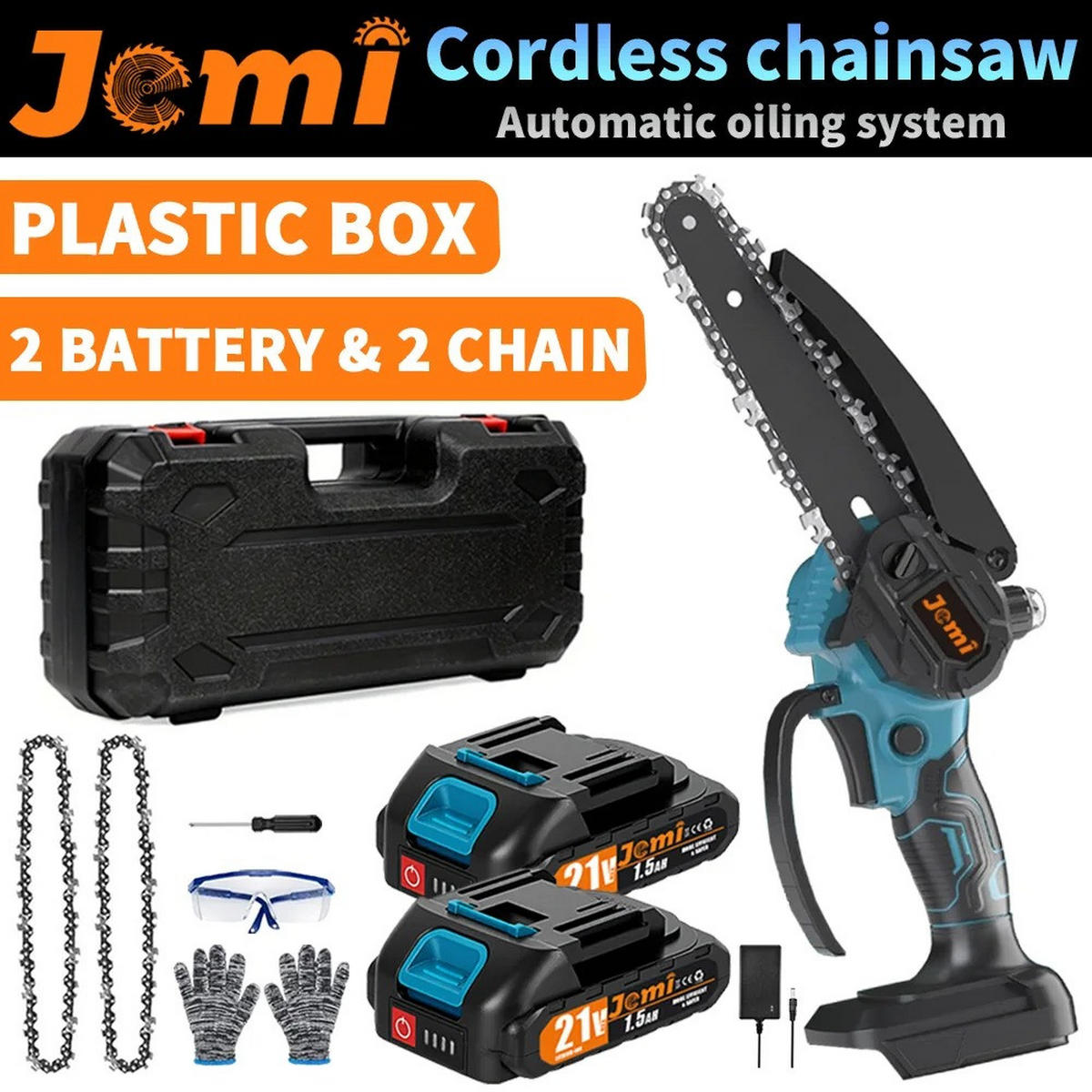KETTENSÄGE Mini 6 Zoll kabellos wiederaufladbar Schnittwerkzeug mit 2 Akku 2 Kette - Blau, Metall (15/7/30cm) - Coonoor