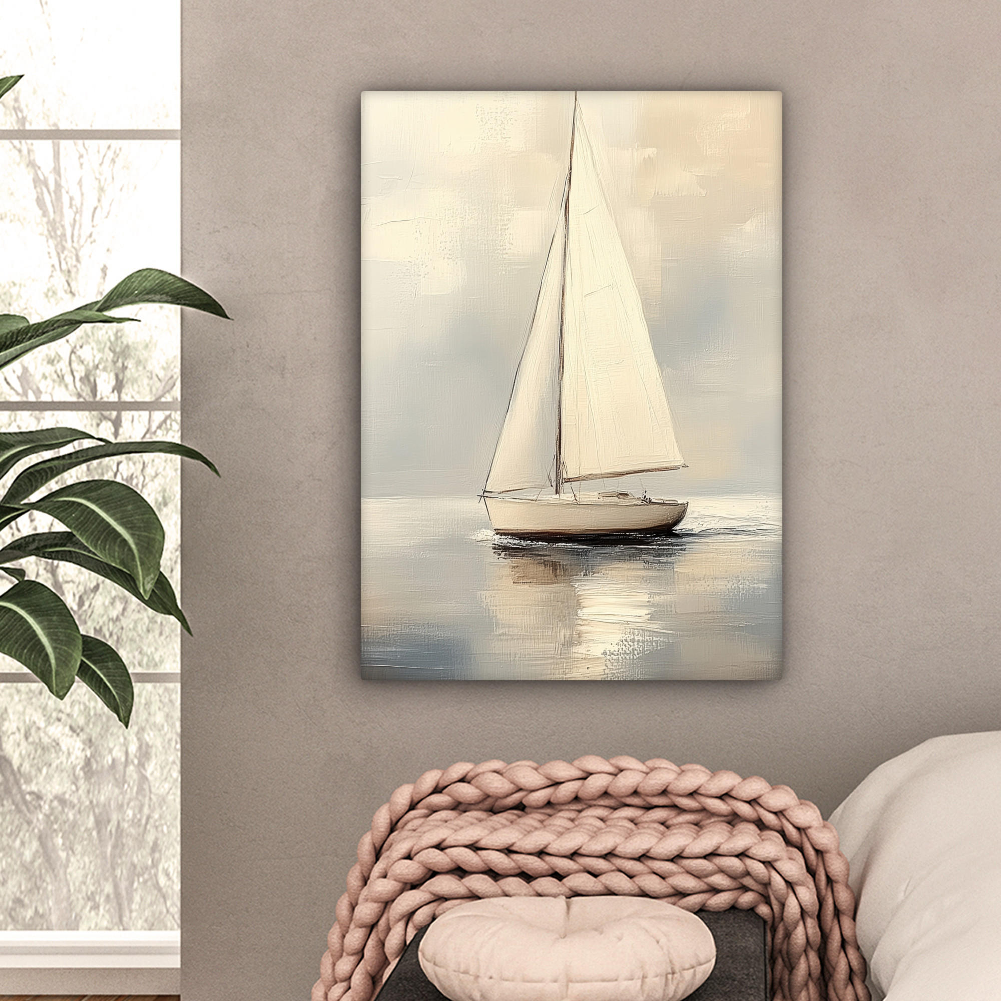 LEINWANDBILD Segelschiff - Meer - Bewölkt 60x80 cm - Creme, Textil (60/80cm) - MuchoWow