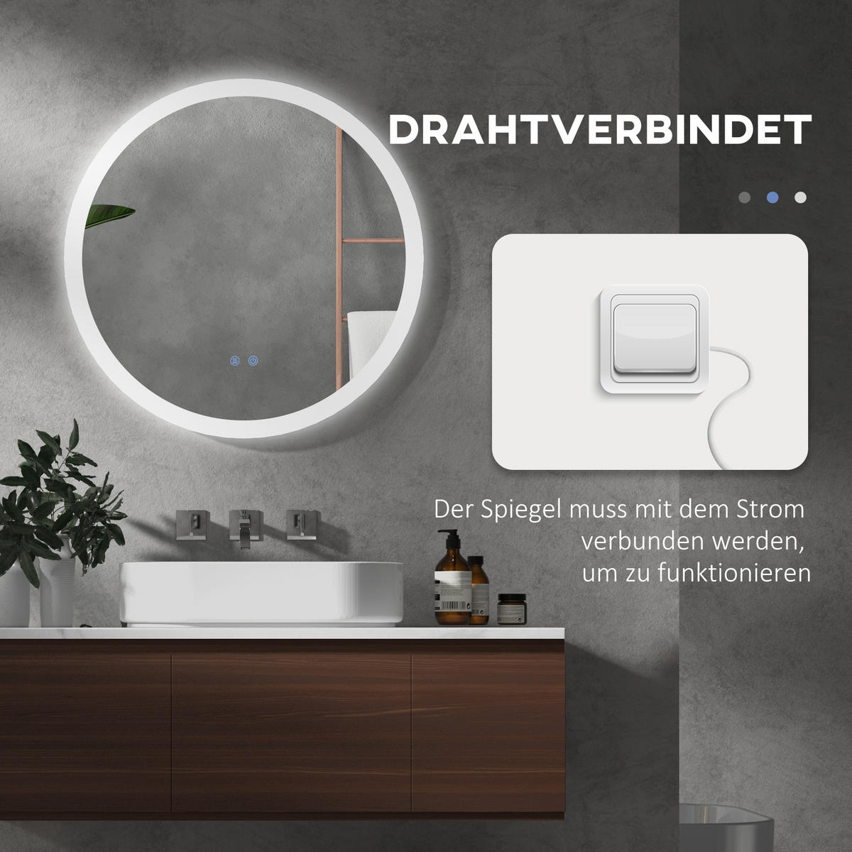 BADSPIEGEL mit Beleuchtung, Ø70 cm Wandspiegel mit 3 Lichtfarben, Anti-Beschlag - Silberfarben, Glas (70/3/70cm) - Kleankin