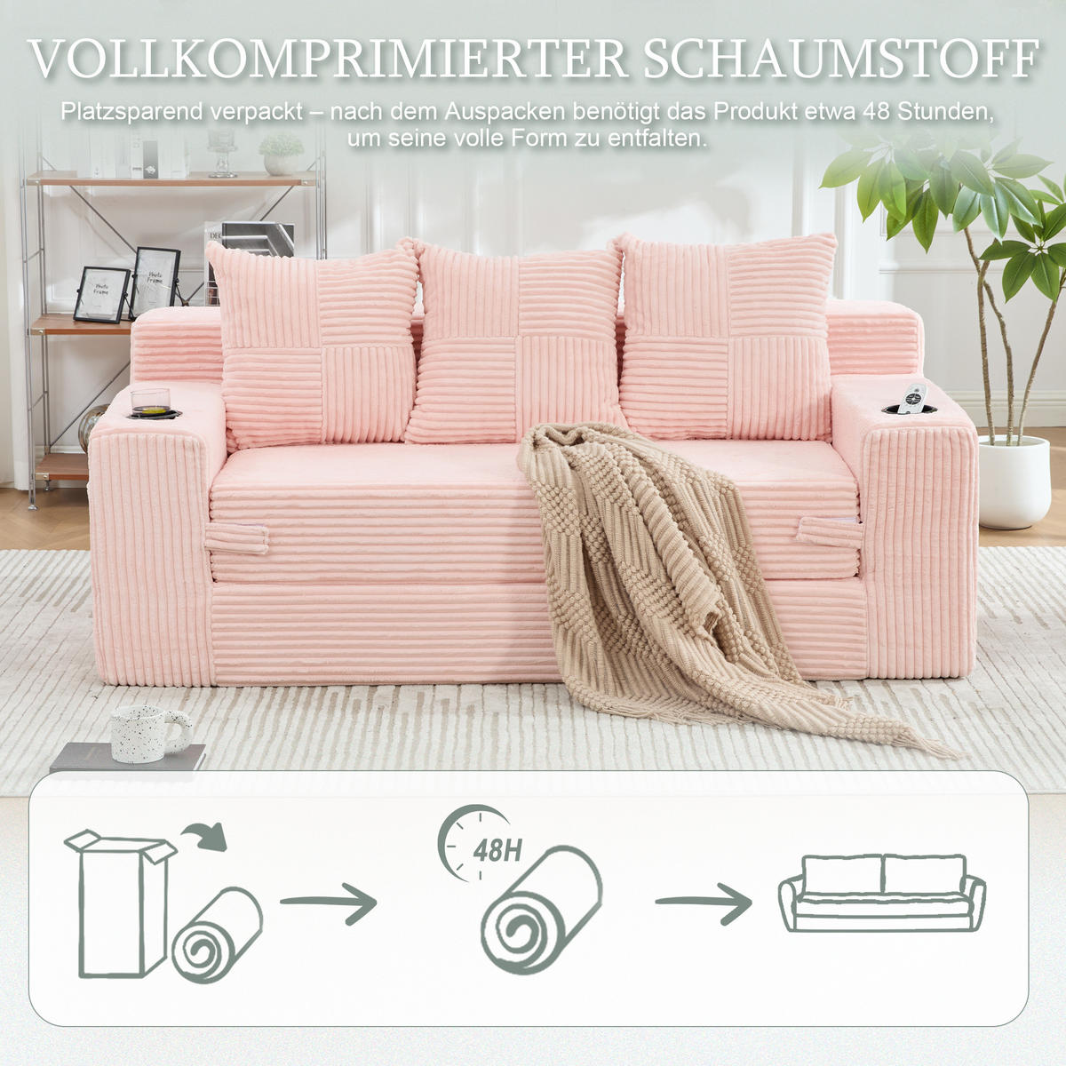 2-SITZER Bodensofa ausklappbar, Getränkehalter/Seitentaschen, Cord, Rosa - Rosa, Textil (172/64/87cm) - LVHOM