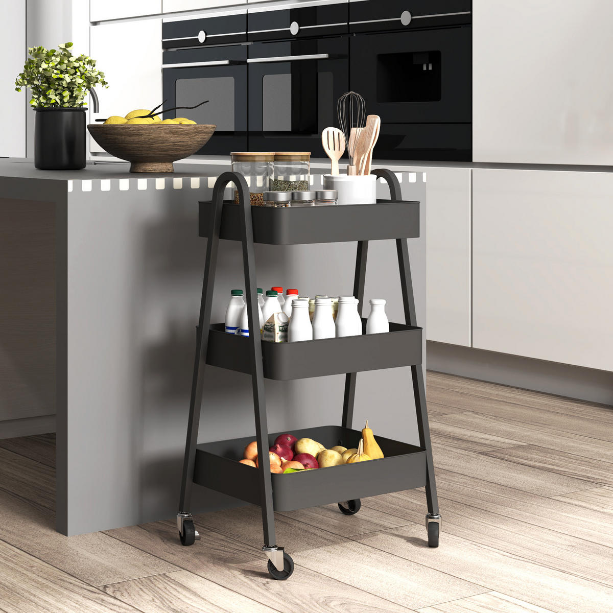SERVIERWAGEN mit 3 Ebenen Küchenwagen mit Rollen Griff Rollwagen, Schwarz - Schwarz, Metall (42.4/74.5/29.8cm) - HOMCOM