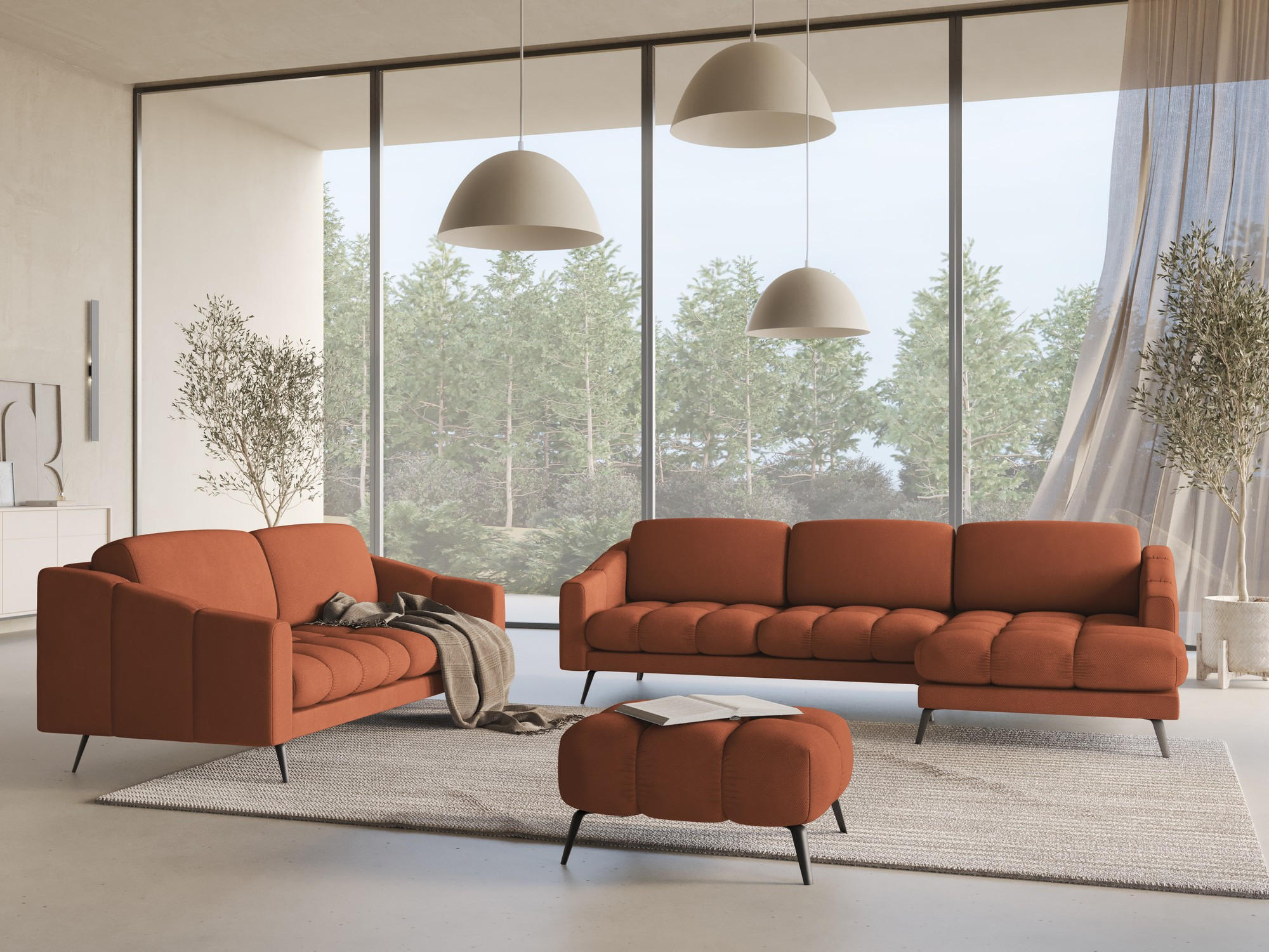 3-SITZER SOFA Chenille Stoff Orange - Terra cotta/Schwarz, Kunststoff/Textil (202/80/95cm) - Makamii