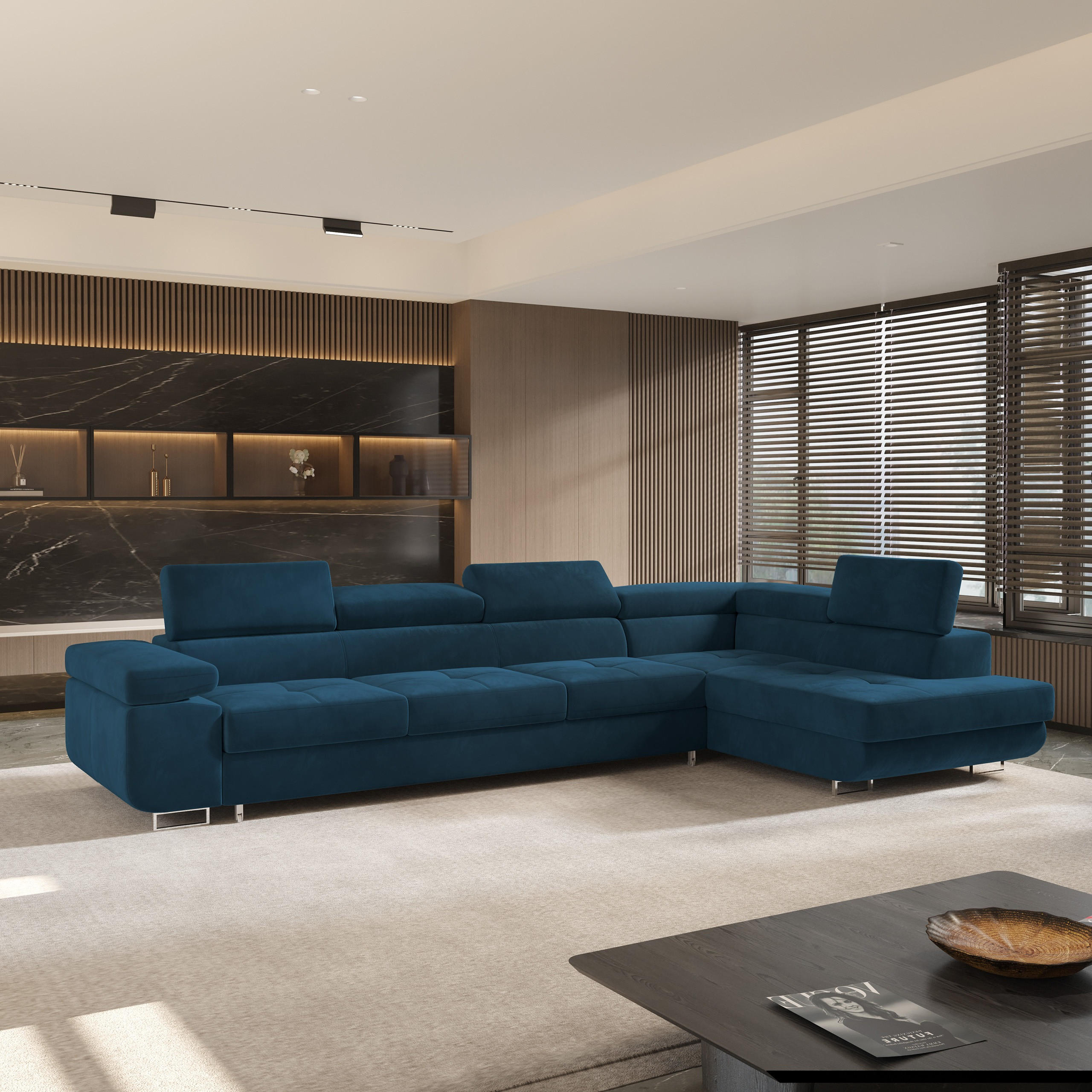 ECKSOFA VICENTE Blau Velours-Stoff mit Schlaffunktion - Blau, Holz (346/202cm) - MASSENO