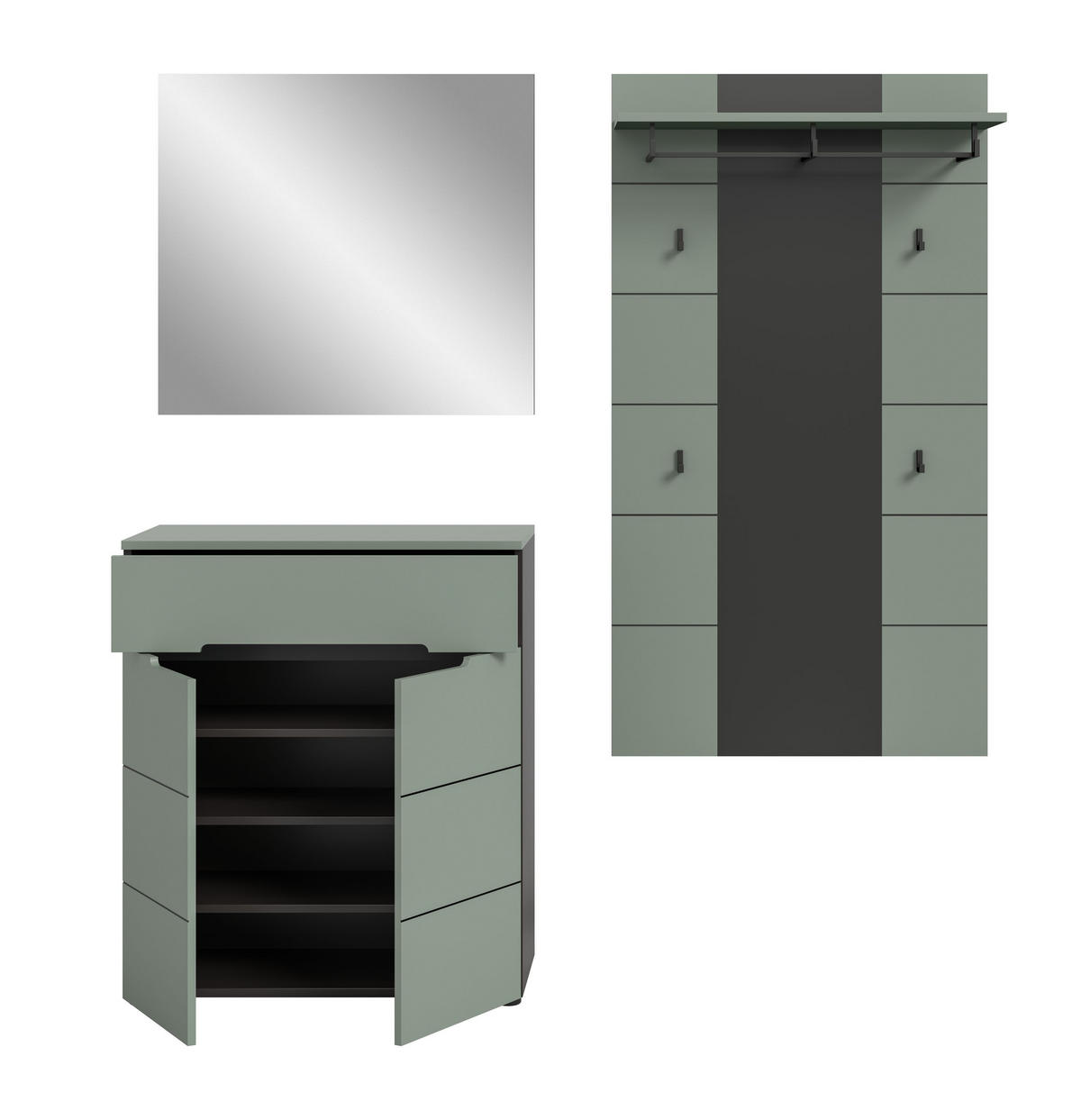 GARDEROBE Nova 3-tlg. (B/H/T: ca. 175/190/37 cm) in Basalt grau/Smoke Green - Grau, Holzwerkstoff (175/190/37cm)