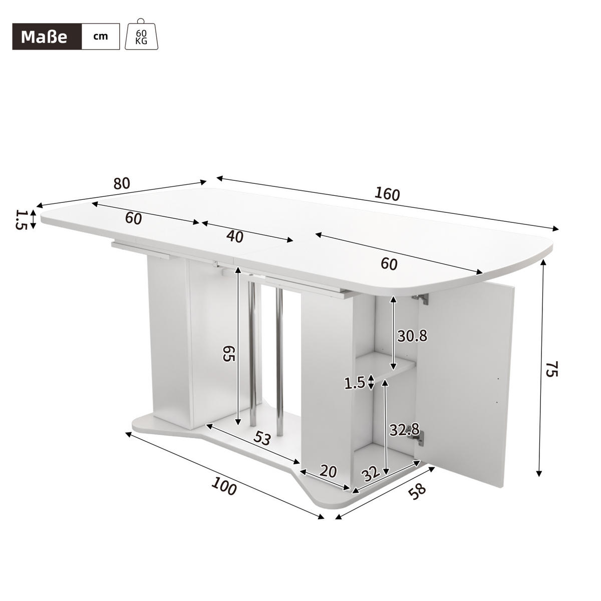 ESSTISCH aus MDF 160x80x75 cm Weiß mit ausziehbarer Tischplatte, Stauraum und versilberten Metallbeinen - Weiß, Holzwerkstoff (160/80/75cm) - Modfu