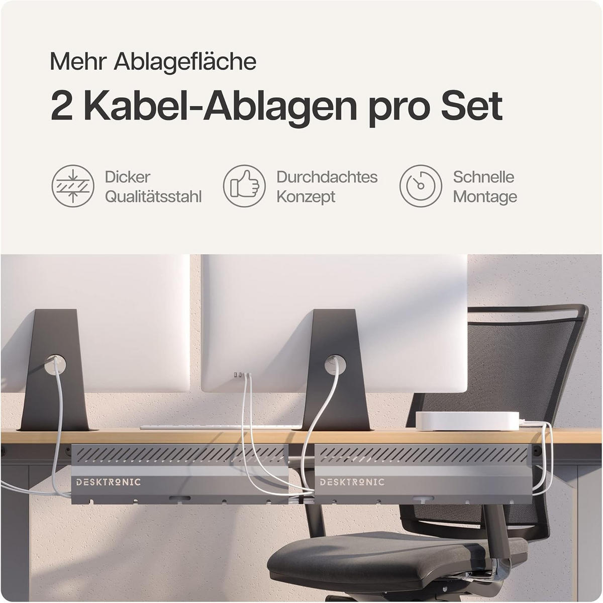KABELKANAL Schreibtisch Grau, 2x43cm, Hochwertiger Stahl - Grau, Metall (43/12/10cm) - Desktronic