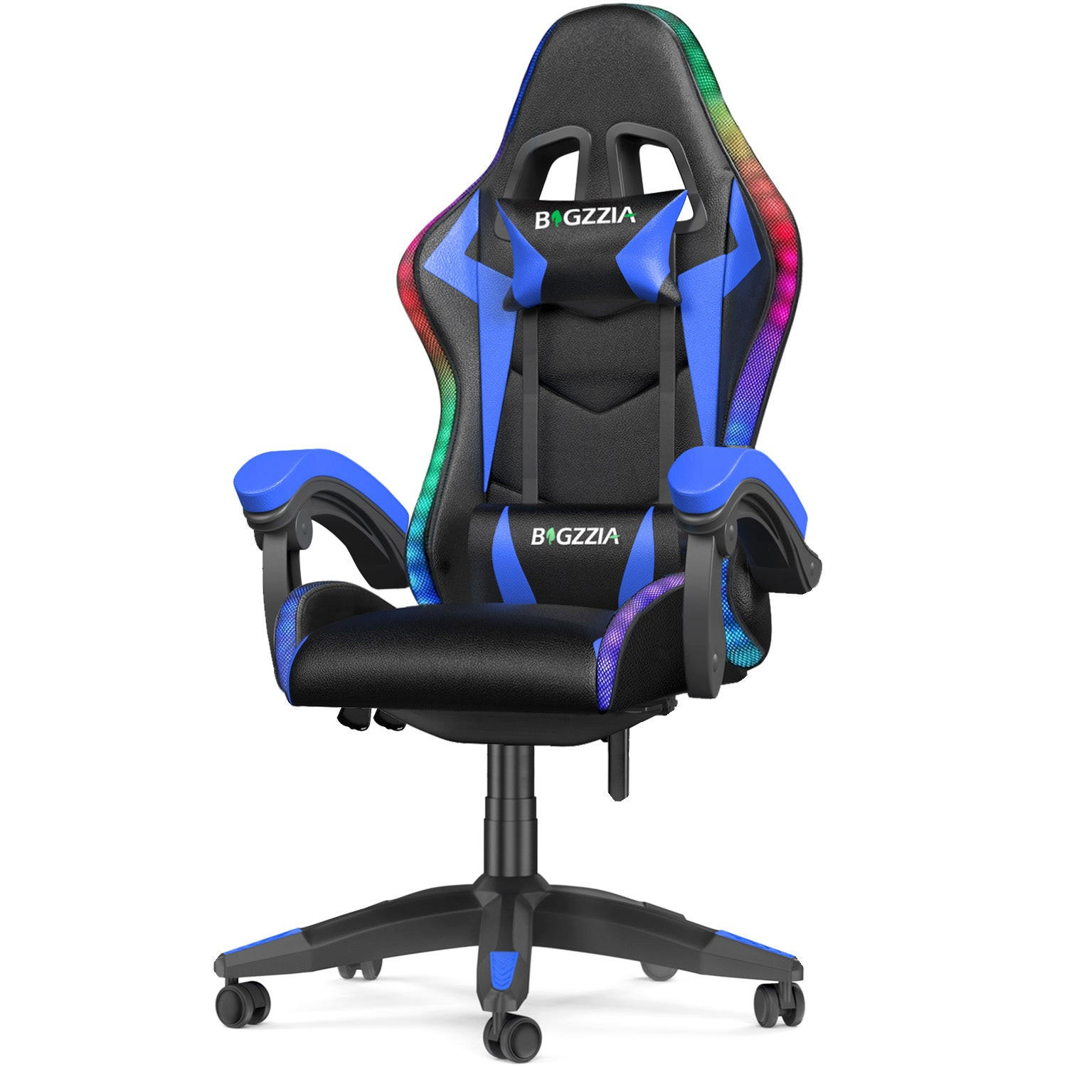 GAMING-STUHL LED, höhenverstellbar, Lenden- & Kopfstütze – Schwarz/Blau - Blau, Leder (53.5/117/54cm) - Rattantree