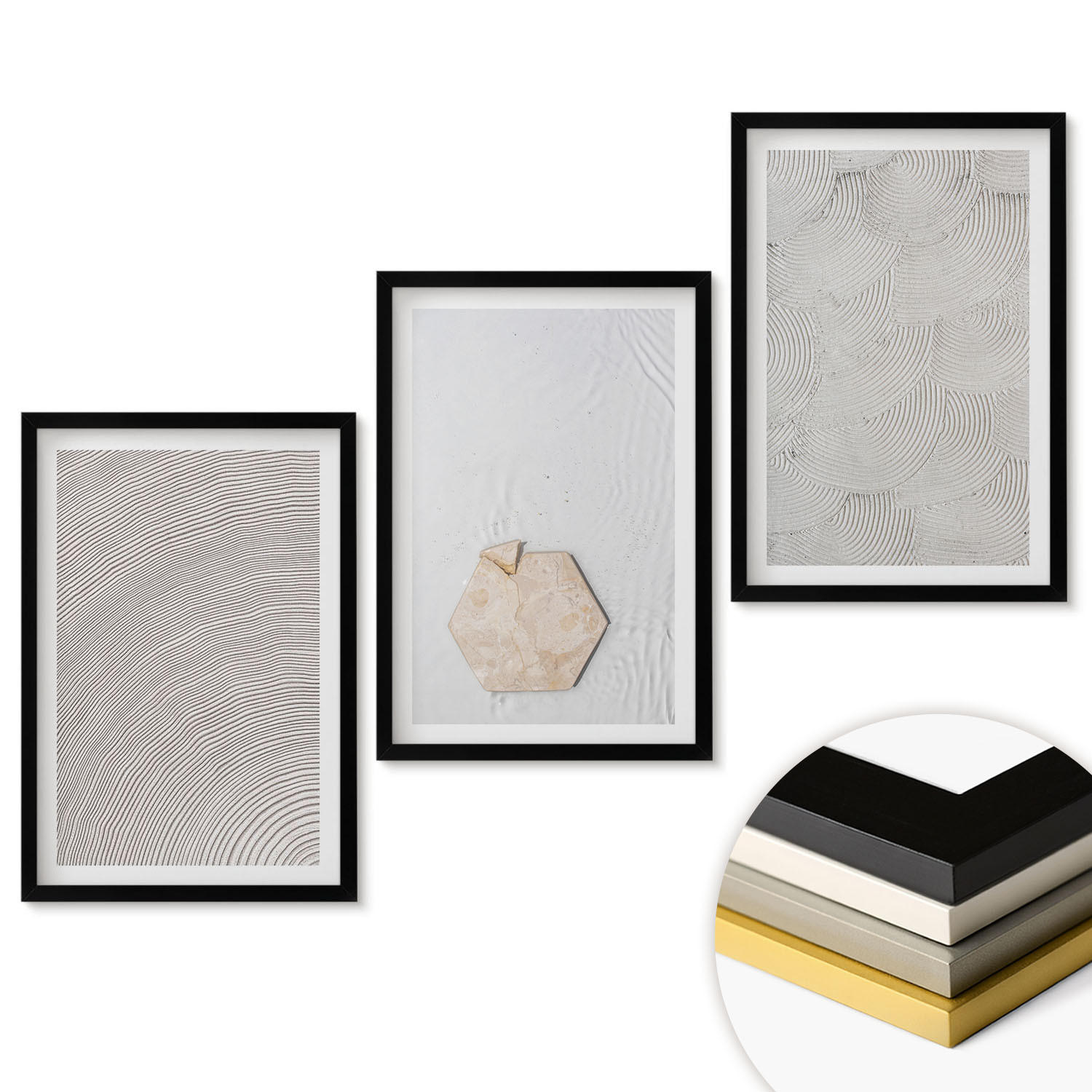 WANDBILDER 3er-Set - 40x60 cm Schwarzer Rahmen - Leichte Boho-Sandtexturen - Schwarz, Kunststoff (40/60cm) - ArtPrintCave
