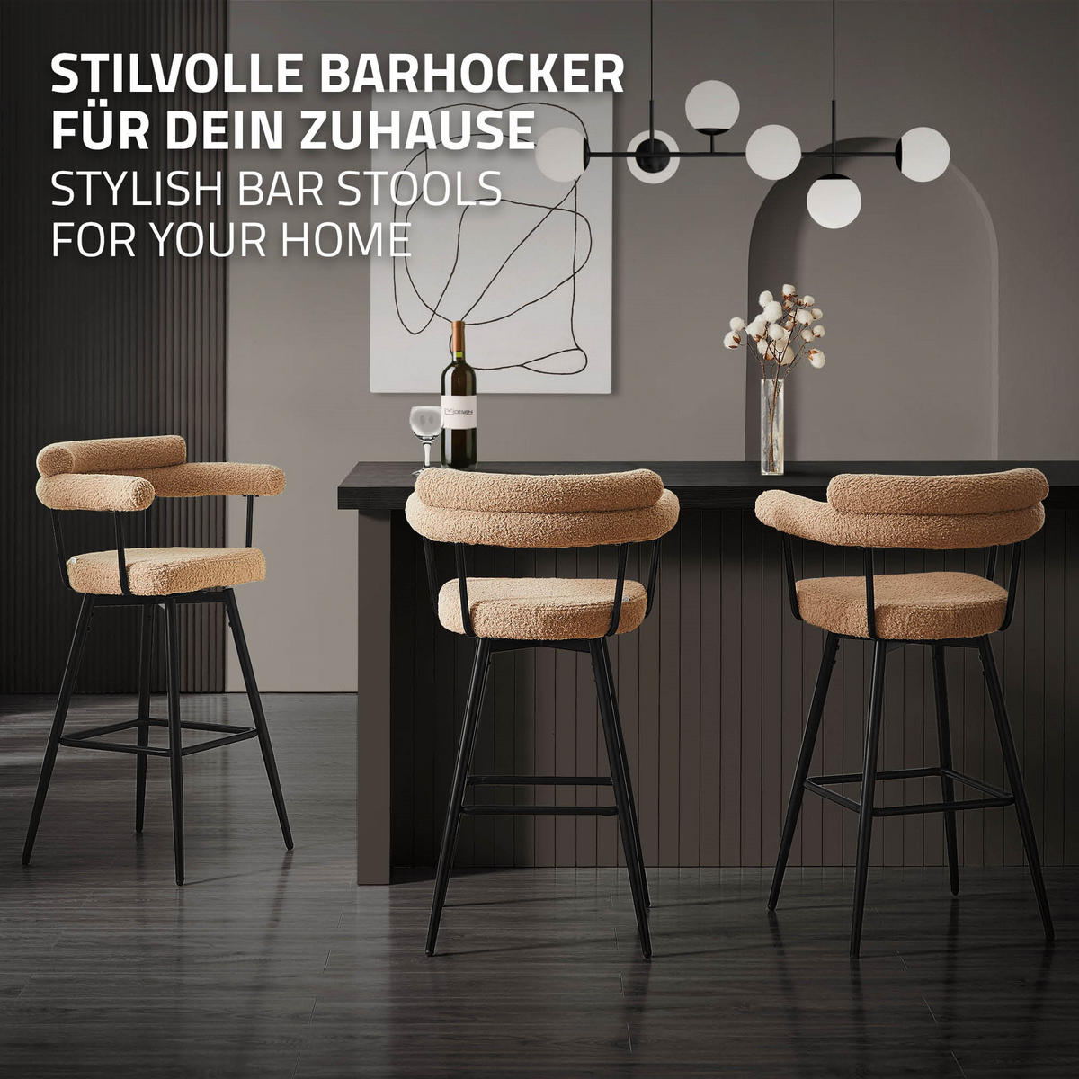 BAROVÁ ŽIDLE, sada 2 ks, otočná, hnědá s plyšovým potahem, výška 76 cm - černá/hnědá, kov/textil (61/103/55cm) - ML-DESIGN