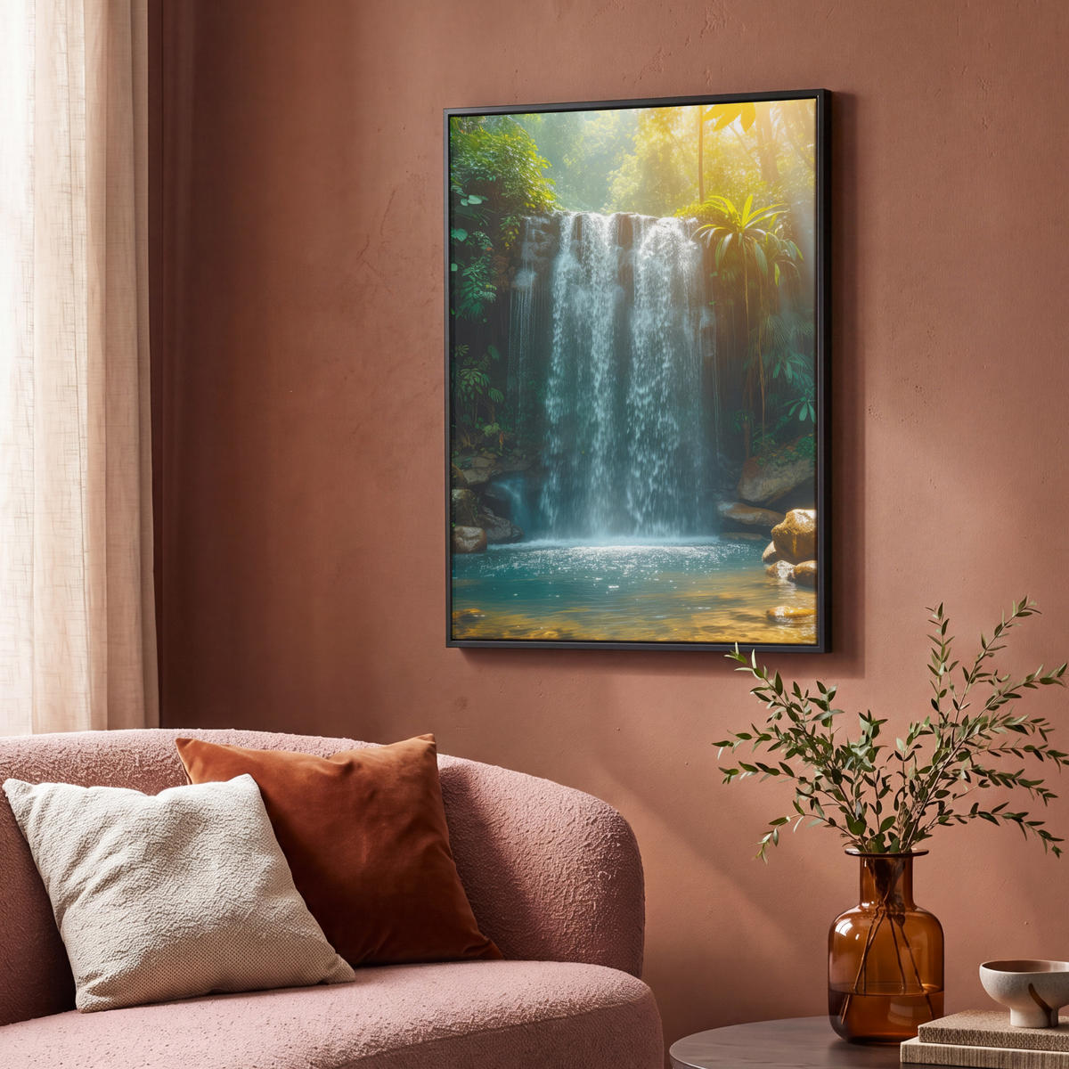 LEINWAND Bilder mit Rahmen - Wasserfall - Dschungel - Sonne - Grün - Natur - 70x100 - Grün, Textil (70/100cm) - MuchoWow