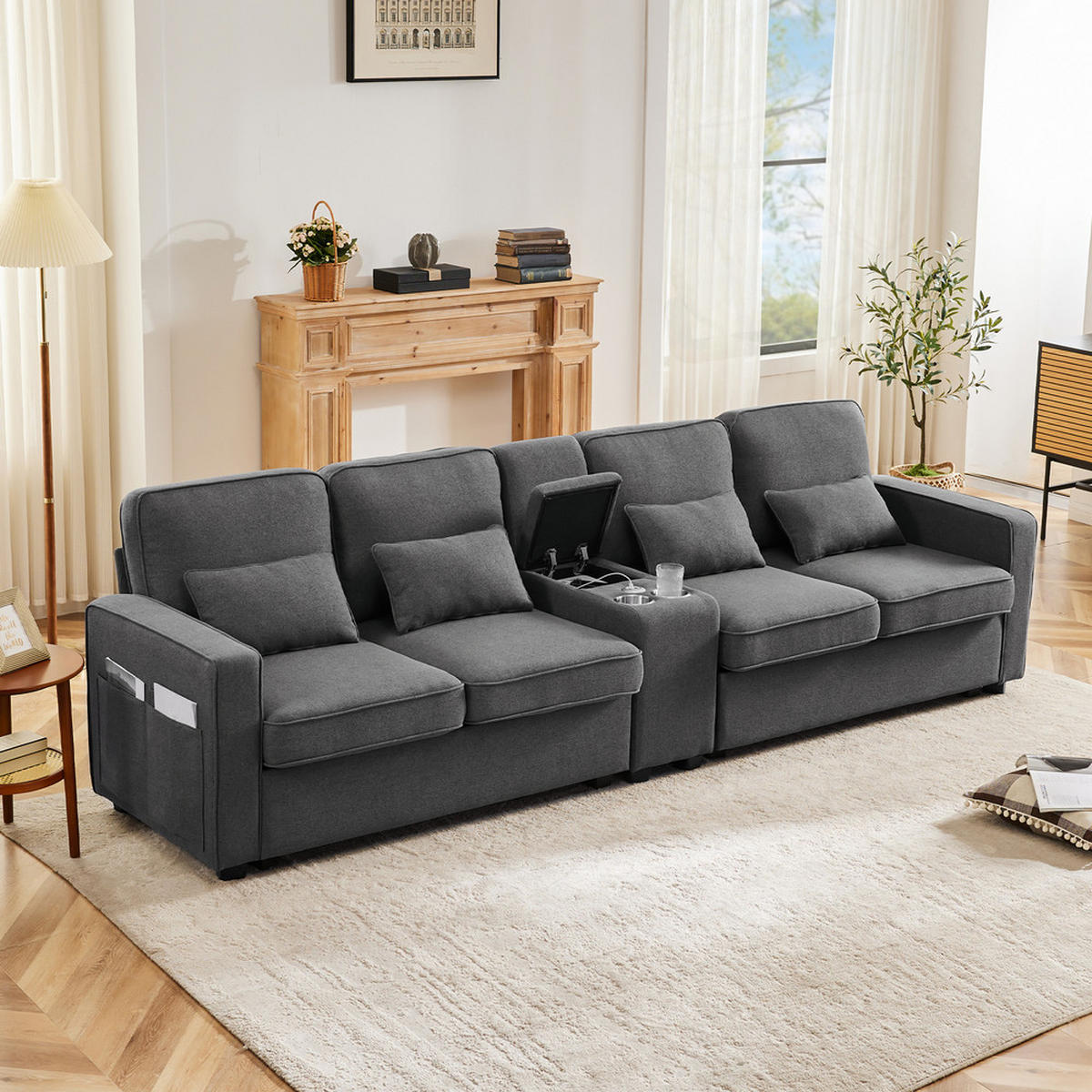 SOFA 4-Sitzer Leinenstoff Konsole 2 USB & Getränkehalter 4 Kissen Dunkelgrau - Grau, Holz (83/88/290cm) - FLIEKS
