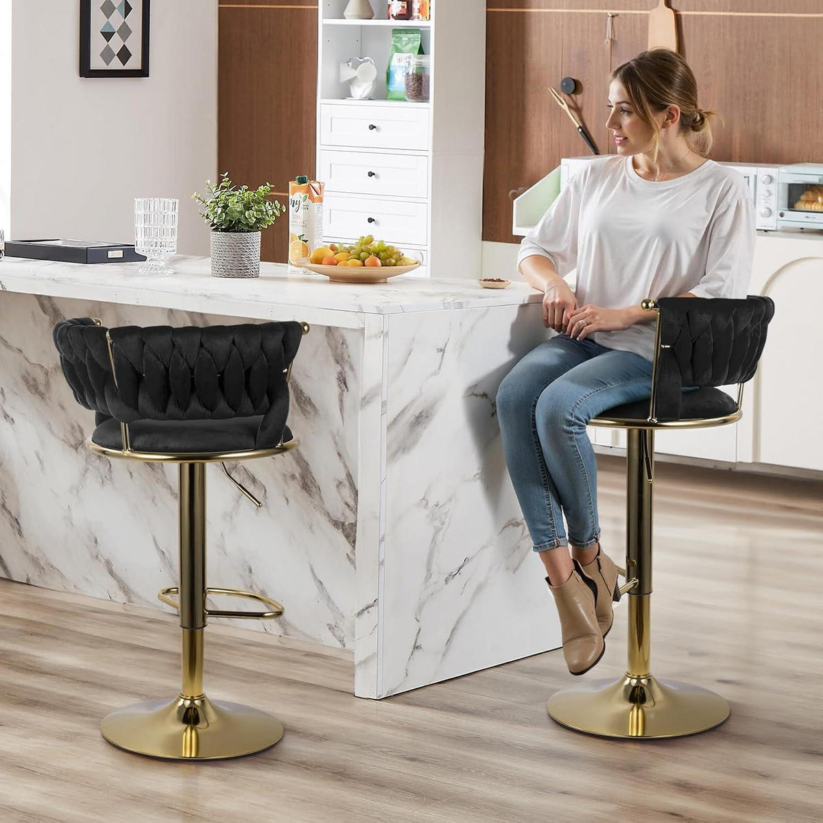 BARHOCKER 4er Set Höhenverstellbar mit Rückenlehne Gold/Schwarz - Multicolor, Textil (46/100/46cm)