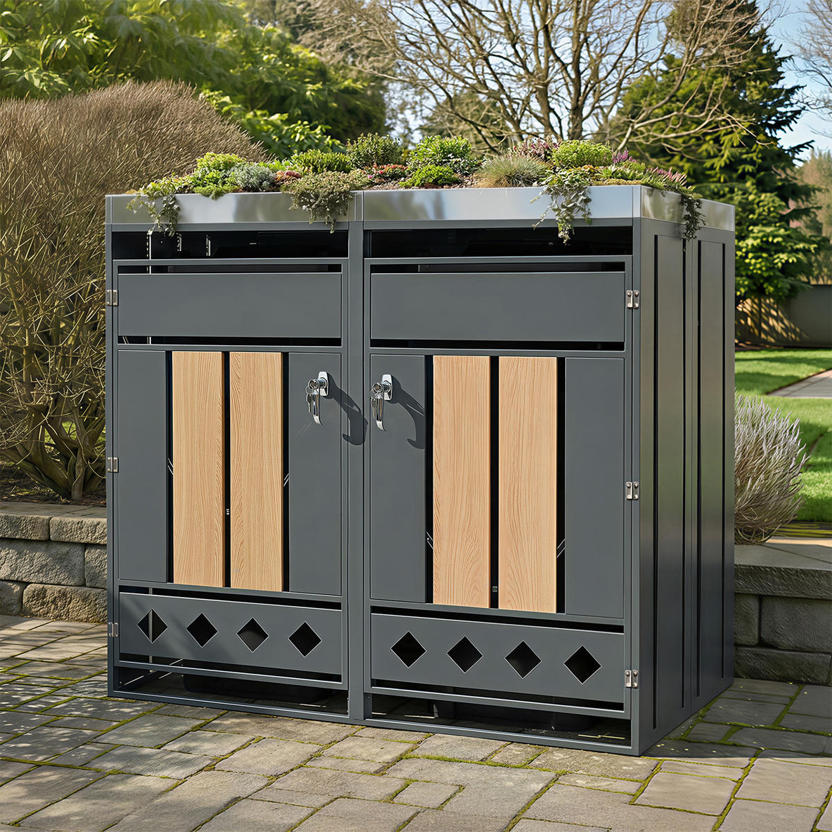 MÜLLTONNENBOX 2 Türen Holzoptik vertikal - Grau, Metall (132/124.5/80cm) - LEBENLANG