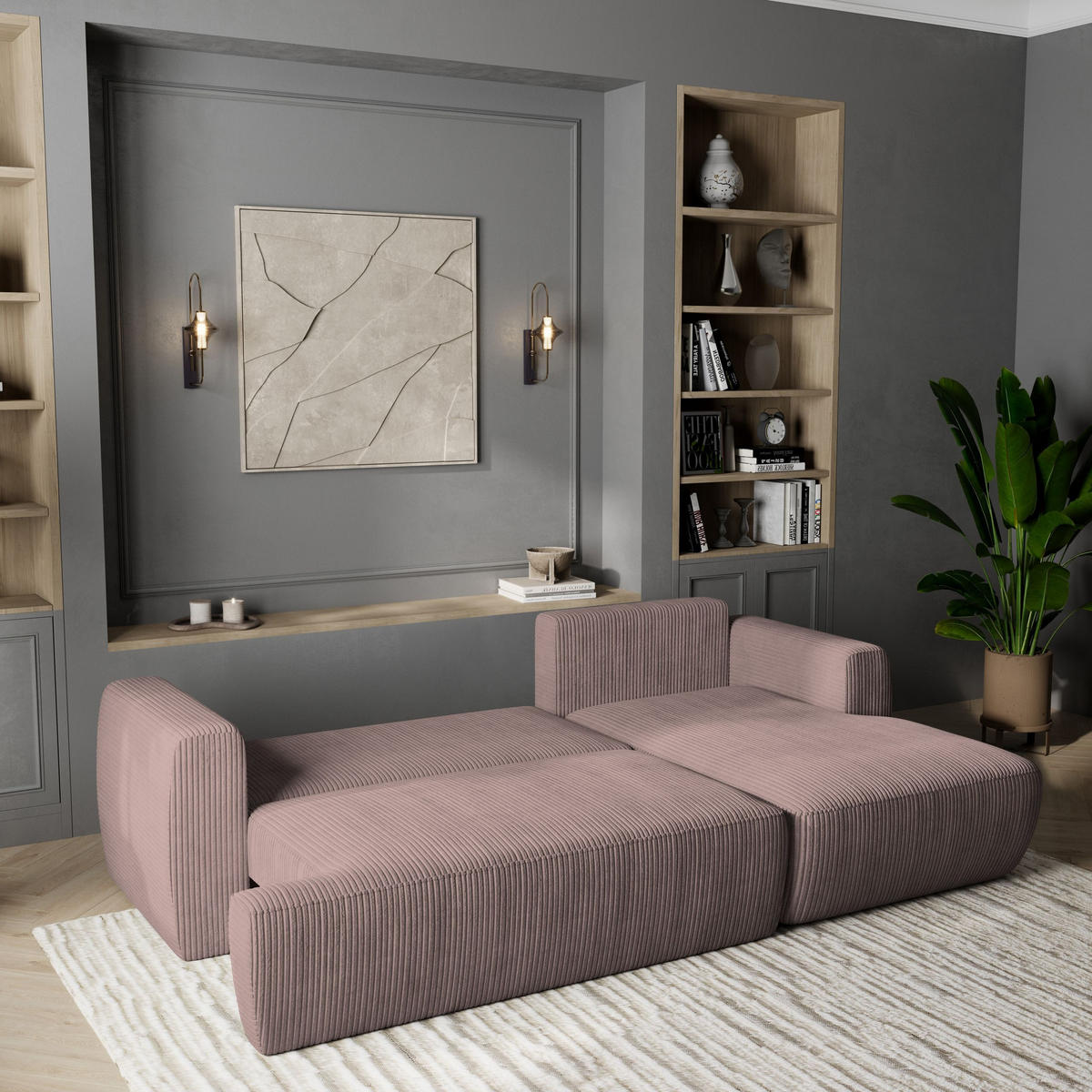 ECKSOFA SENTI P R-S Lila Kordstoff mit Schlaffunktion - Lila, Holz (246/148cm) - MASSENO