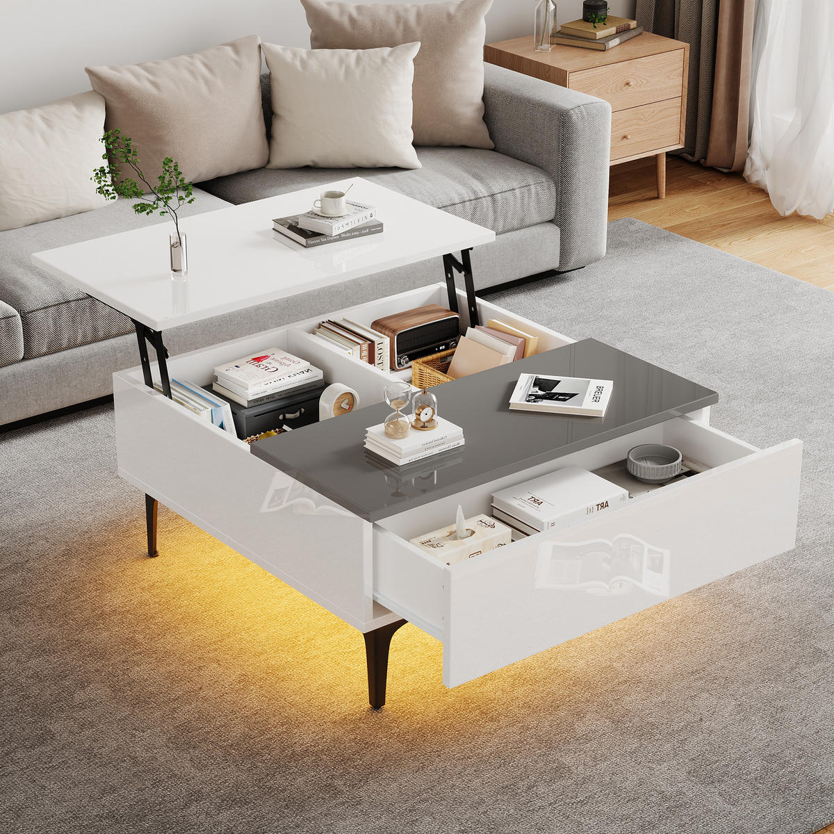 COUCHTISCH 70/70/35 cm höhenverstellbar mit verstecktem Stauraum und LED-Beleuchtung - Weiß, Holzwerkstoff (70/70/35cm) - OKWISH