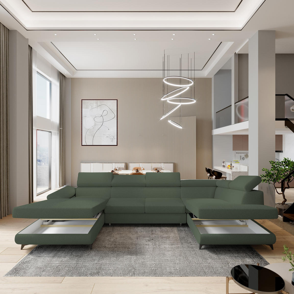 WOHNLANDSCHAFT RUBANO R-S Grün Boucle-Stoff mit Schlaffunktion - Grün, Holz (339/89/190cm) - MASSENO