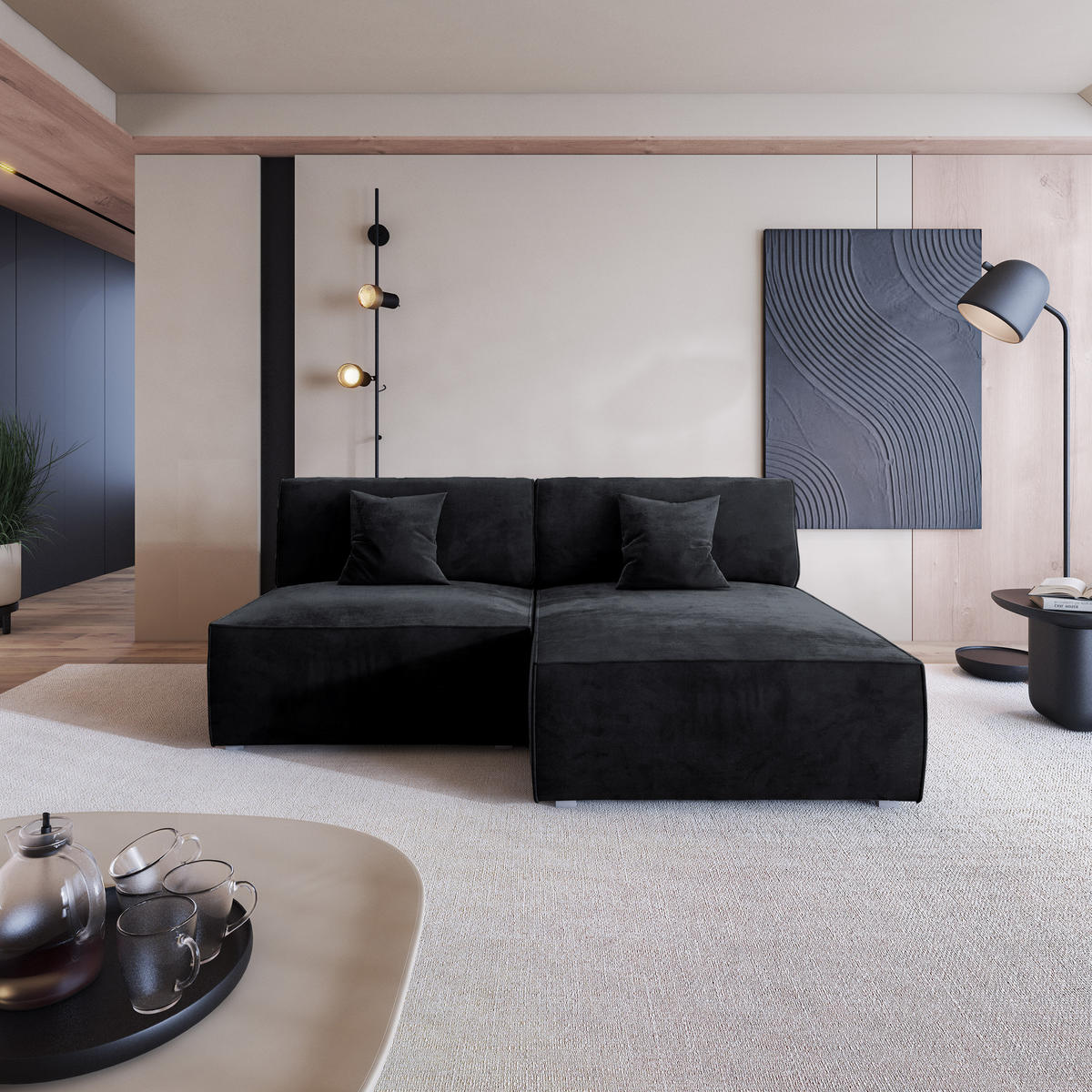 ECKSOFA FIORO M Schwarz Velours-Stoff mit Schlaffunktion - Schwarz/Grau, Holz/Kunststoff (204/148cm) - MASSENO