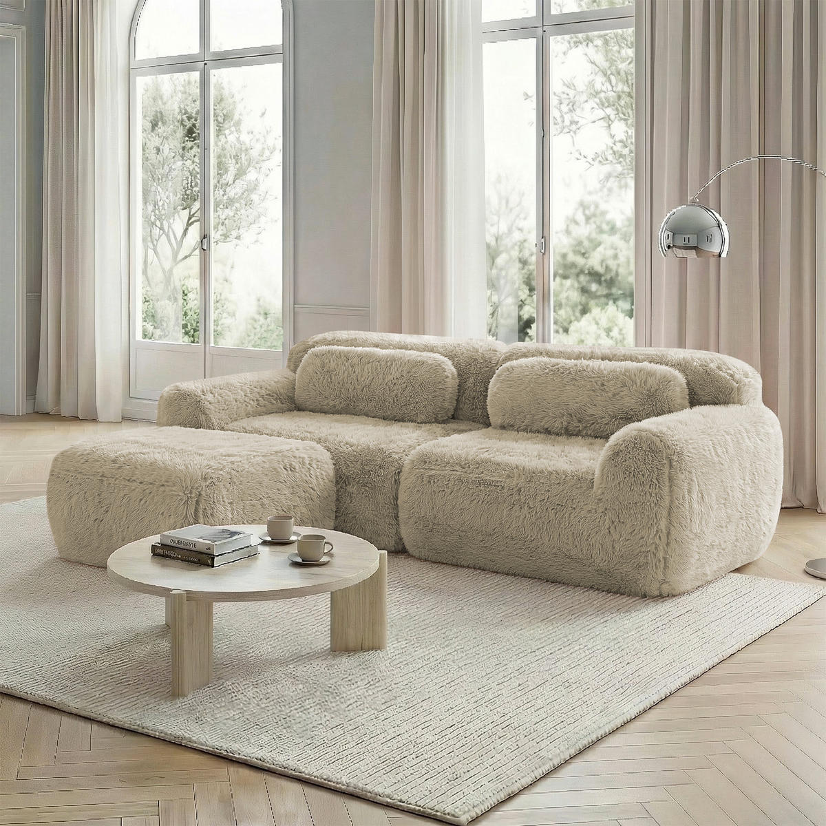 ECKSOFA 204/179/73 cm Hellkhaki aus Plüsch modular ohne Montage - Beige, Textil (179/204cm) - OKWISH