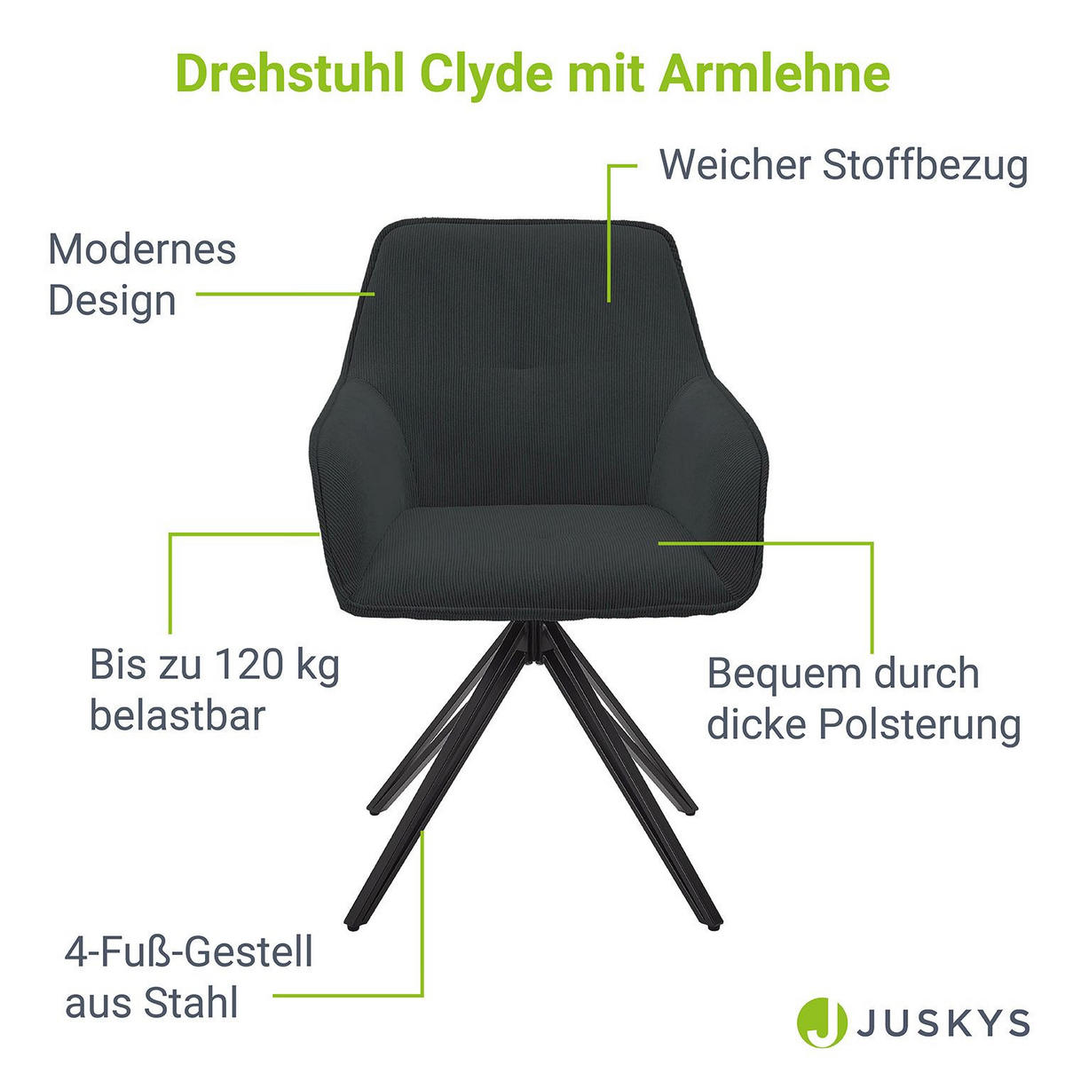 DREHSTUHL Clyde mit Armlehne cord dunkelgrau (2er-Set) - Dunkelgrau, Textil (57/85/61cm) - Juskys