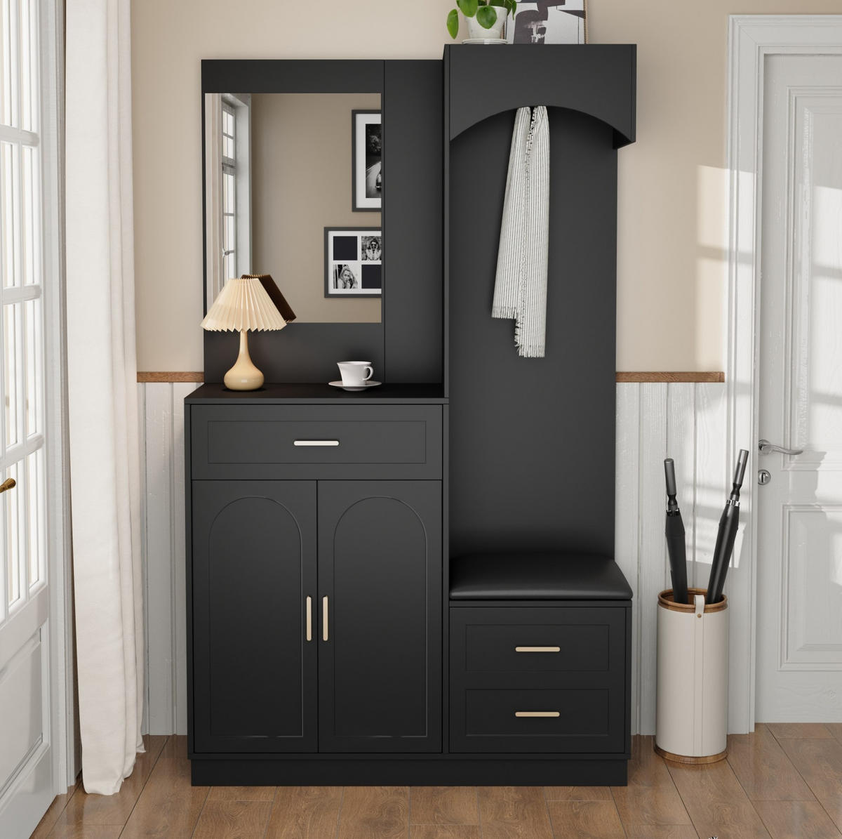 KOMPAKTGARDEROBE mit Spiegel und Schuhbank 110 x 33 x 185,5 cm Schwarz - Schwarz, Holzwerkstoff (33/185.5/110cm) - Beauniv