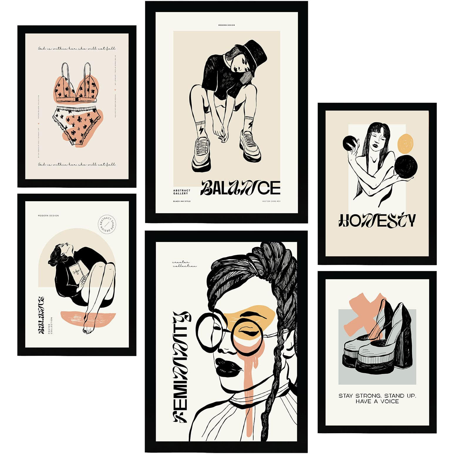 POSTER Set Mit 6 In Schwarzer Tinte Gleichgewicht Kunstdrucke Im Skizzenstil Für Innenarchitektur A3 & A4 Schwarzer Rahmen - Schwarz, Papier (29/3cm) - Nacnic