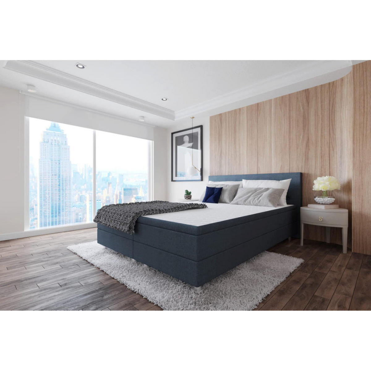 BOXBETT, Polsterbett Sawana mit Bonellfederkern-Matratze und Topper Schlafzimmer - Dunkelblau, Holz/Holzwerkstoff (140/200cm) - Best For Home