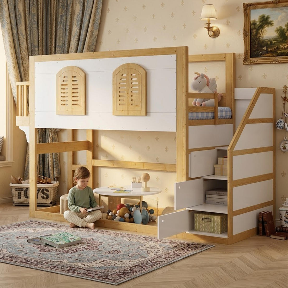 HOCHBETT 90/200 cm in Weiß & Natur mit Treppenschrank und Fensterdesign - Weiß/Naturfarben, Holz/Holzwerkstoff (90/200cm) - WISHDOR