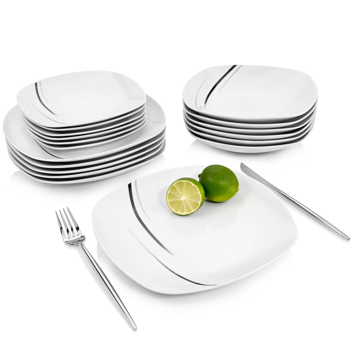 TAFELSERVICE BILGOLA BLACK LINES - 18 teilig aus Porzellan - Weiß, Keramik (29.5/29.5/30.5cm) - Sänger