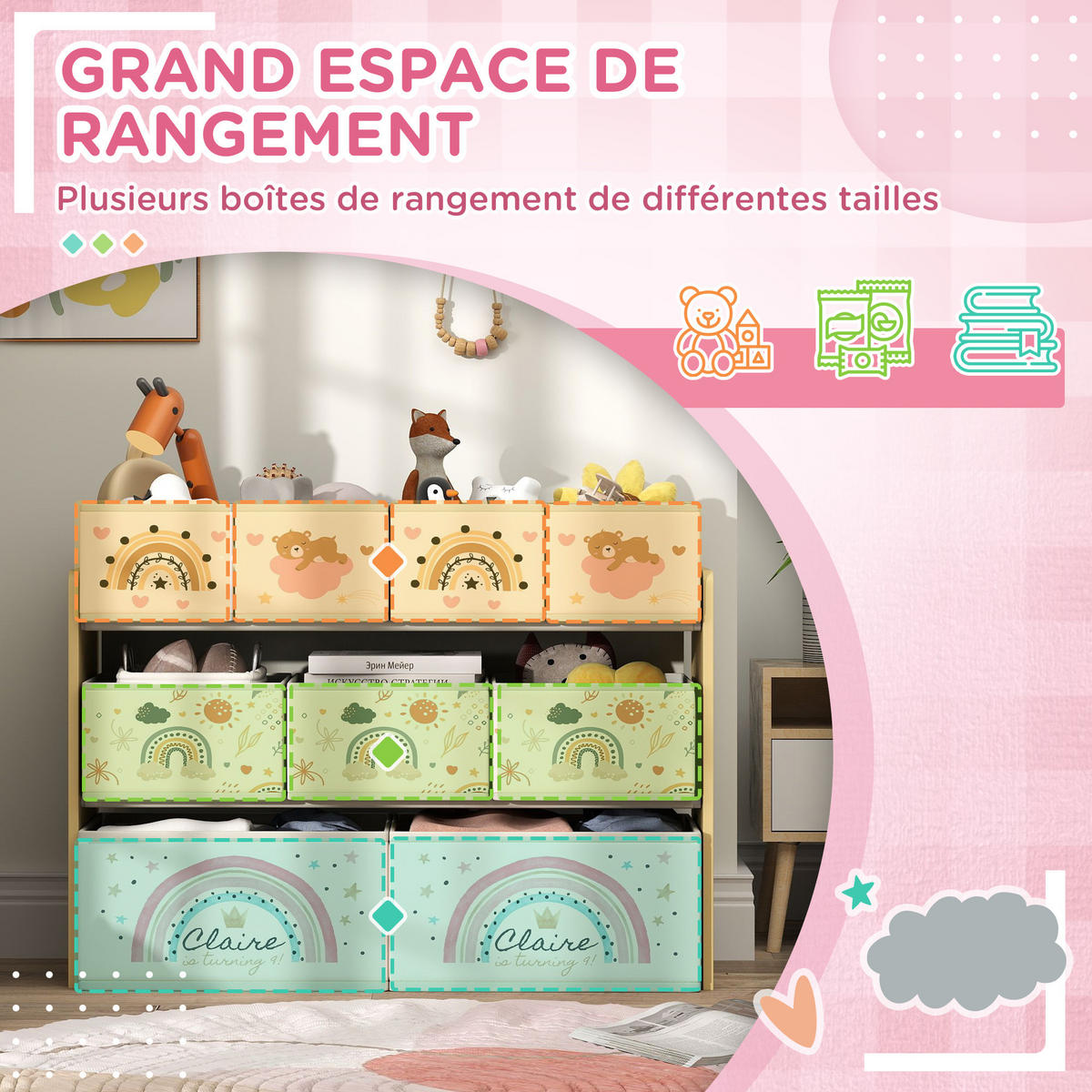 KINDERREGAL DE-17249 3 Ebenen mit 9 Aufbewahrungsboxen Gelb - Gelb, Textil (93/70/30cm) - ComfortXL