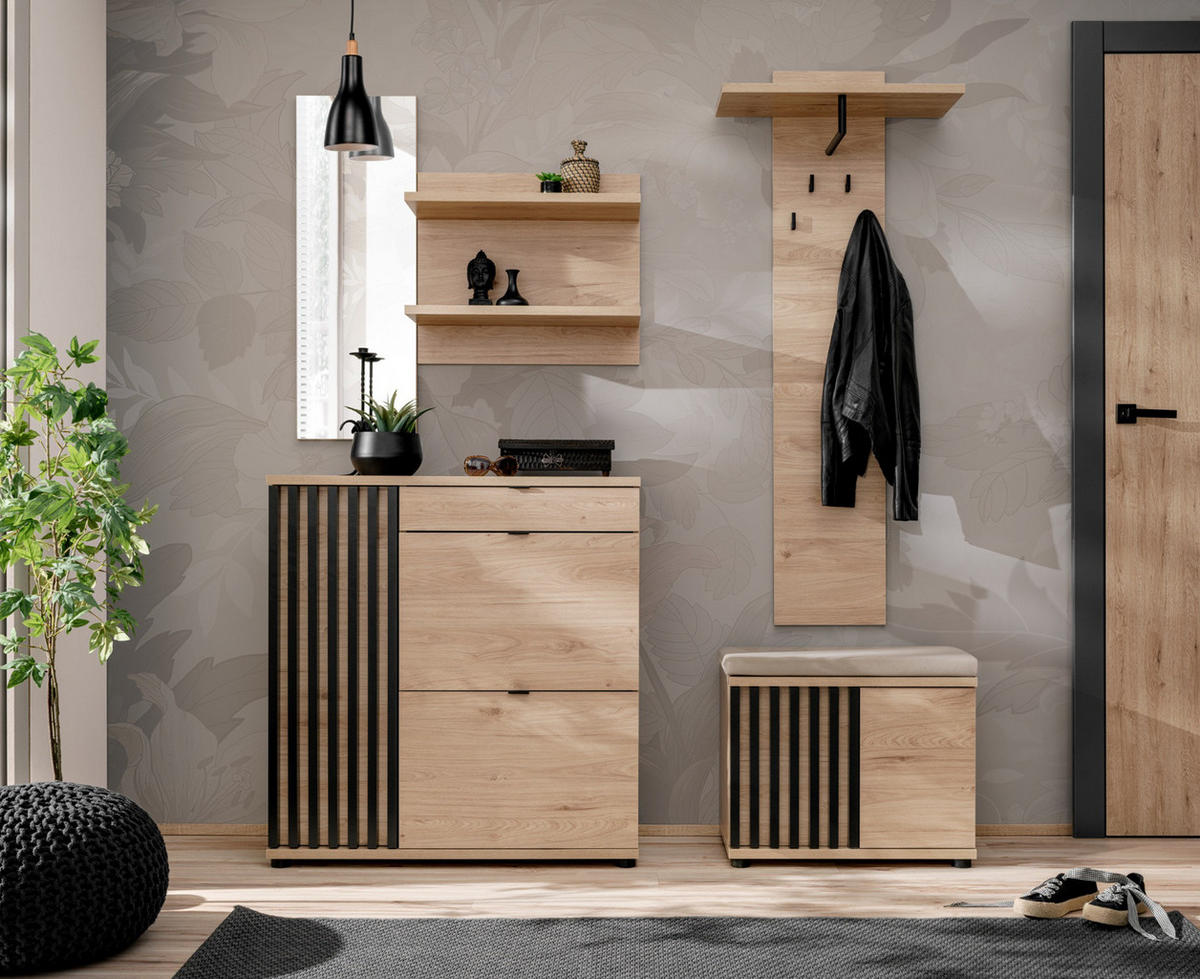 GARDEROBE Set Eiche Jackson, schwarz 170 cm, Garderobenkombination mit 3D-Lamellen - Eichefarben/Schwarz, Holzwerkstoff/Kunststoff (160/202/35cm) - Furn.Design