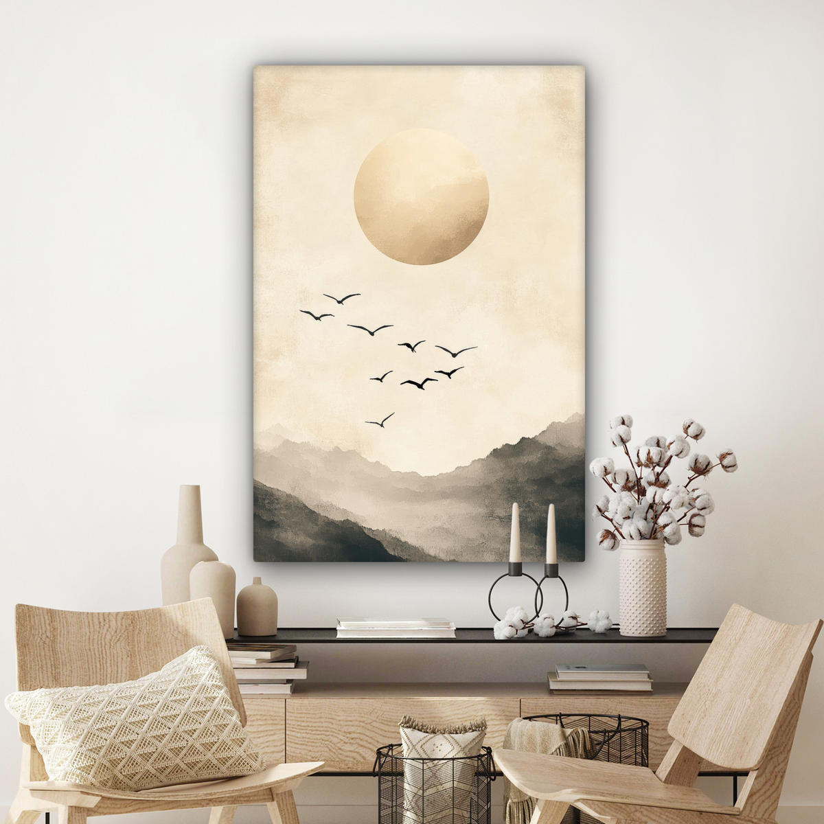LEINWANDBILD Landschaft - Japandi - Vogel 80x120 cm - Beige, Textil (80/120cm) - MuchoWow