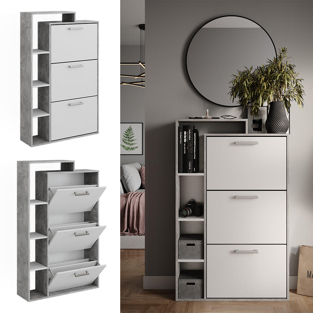 SCHUHKOMMODE Orlando Beton 80 x 128.3 cm mit 3 Fächern - Schieferfarben/Weiß, Holzwerkstoff (80/128.3/24.2cm) - Vicco
