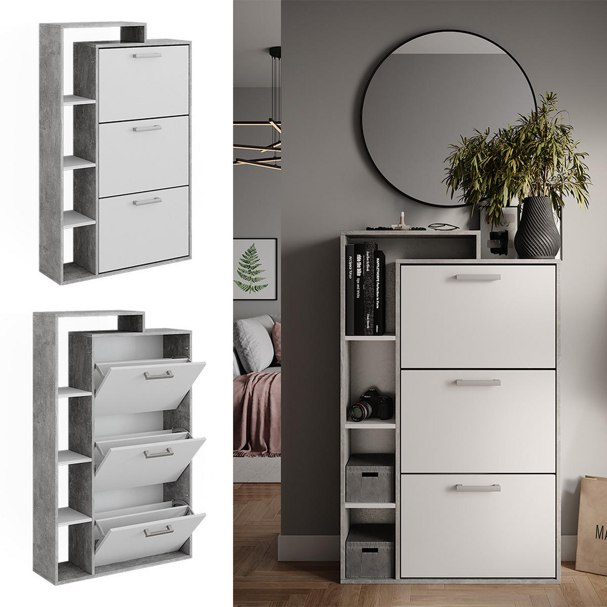 SCHUHKOMMODE Orlando Beton 80 x 128.3 cm mit 3 Fächern - Schieferfarben/Weiß, Holzwerkstoff (80/128.3/24.2cm) - Vicco
