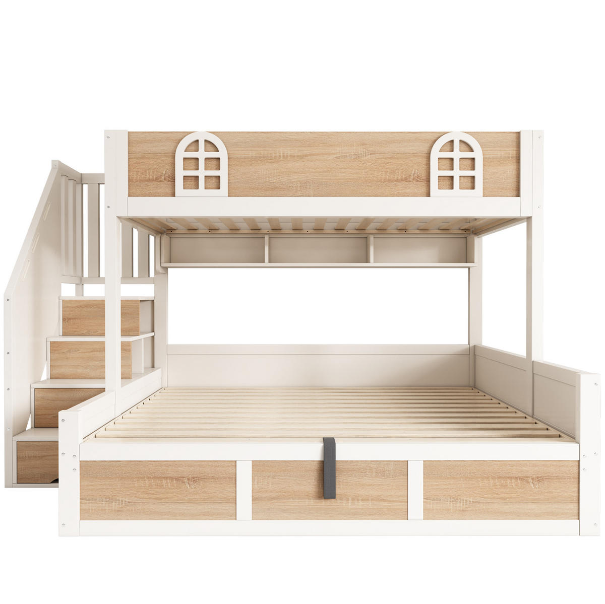 ETAGENBETT Holz 140x200 cm Weiß/Natur mit Treppenschrank, Stauraum und Lattenrosten - Weiß, Holz (140/200cm) - Modfu