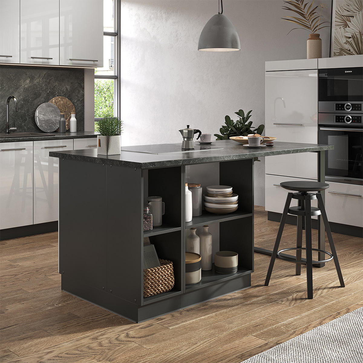 KÜCHENINSEL Fame-Line Weiß Hochglanz/Anthrazit 90 cm mit Schublade ohne AP - Weiß Hochglanz/Anthrazit, Holzwerkstoff (90/82/60cm) - Vicco