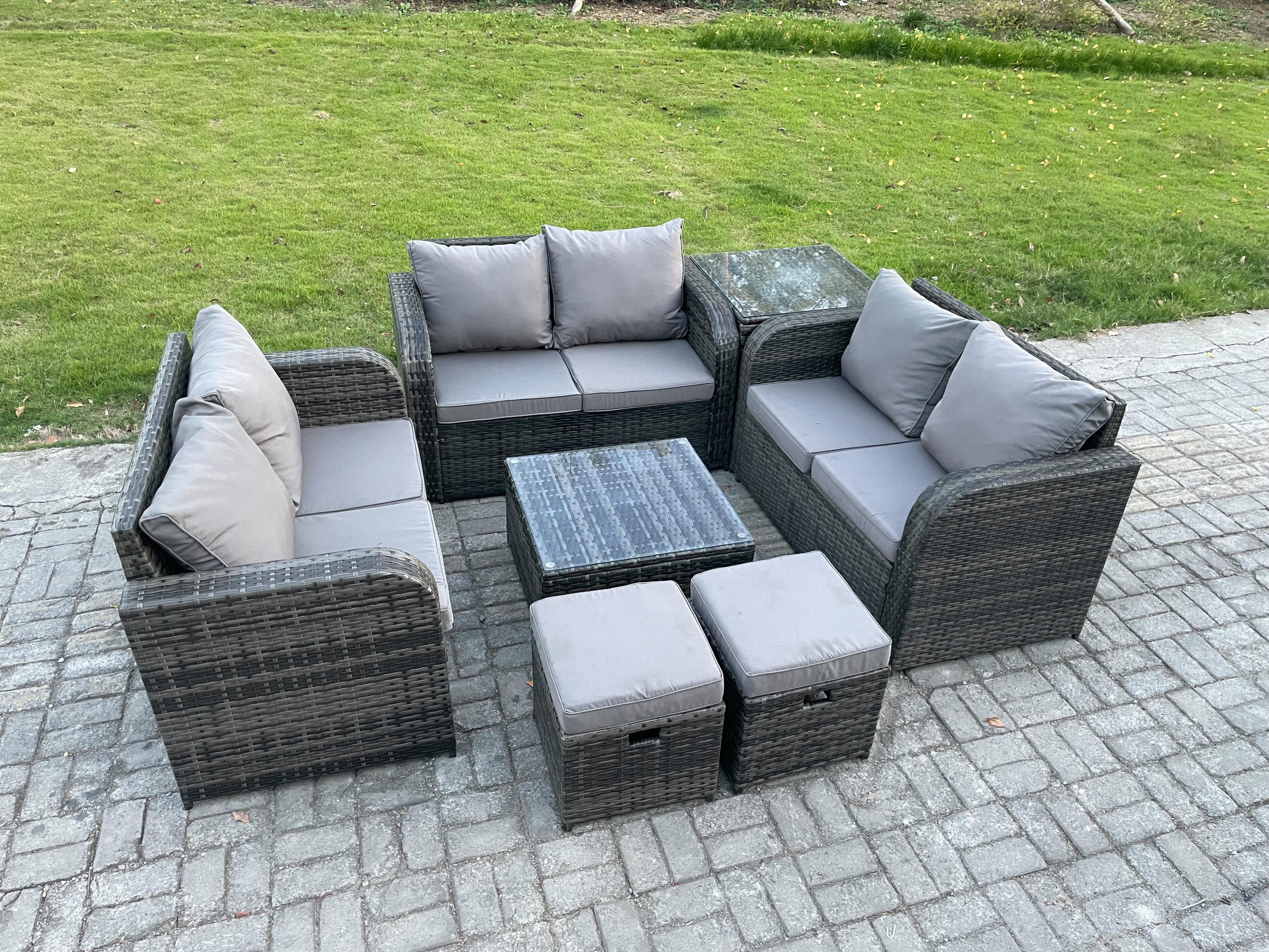 LOUNGESOFA-SET Polyrattan Dunkelgrau 8-Sitzer - Dunkelgrau, Metall - Fimous
