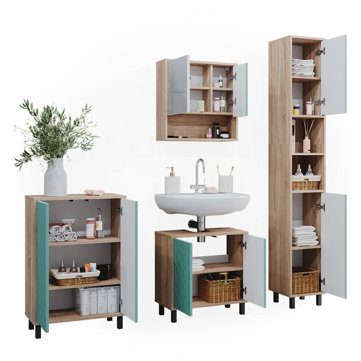 BADMÖBEL-SET Agasta Mintgrün 4 Teile, mit Hochschrank - Mintgrün/Sonoma Eiche, Holzwerkstoff (56/57/28cm) - Vicco