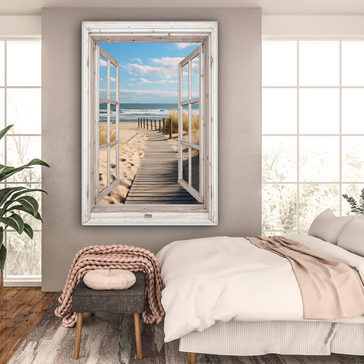 SLIKA NA PLATNU Okno 90x140 cm - bež, tekstil (90/140cm) - MuchoWow