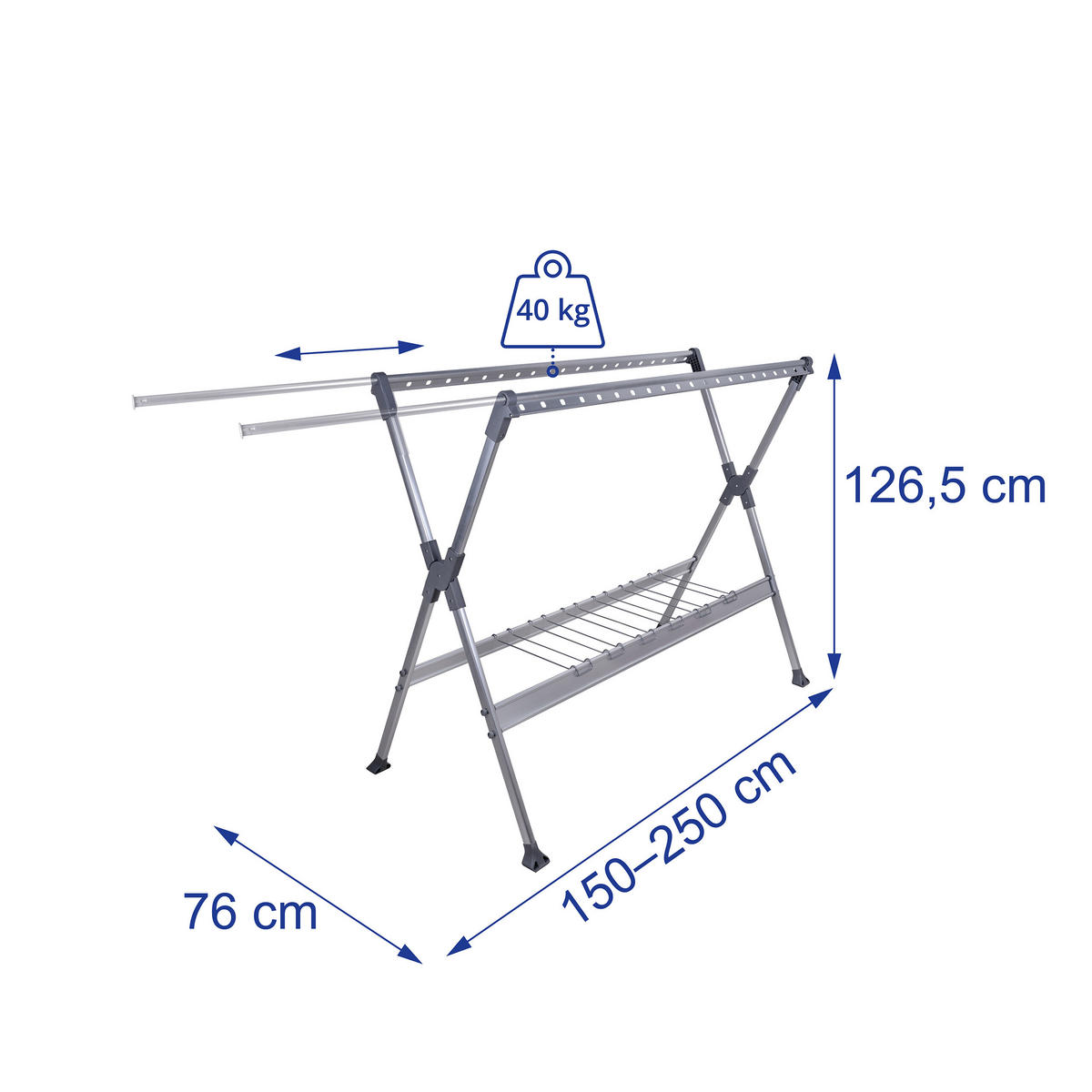 WÄSCHESTÄNDER Silber Aluminium klappbar Teleskop 126,5x150x76 cm - Silberfarben, Metall (250/126.5/76cm) - Relaxdays
