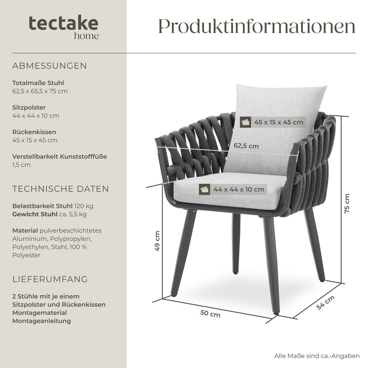 STUHL Lugano 2ER SET, höhenverstellbare Kunststofffüße, 61 x 60 x 73 cm, anthrazit - Dunkelgrau/Anthrazit, Metall (62.5/75/65.5cm) - tectake