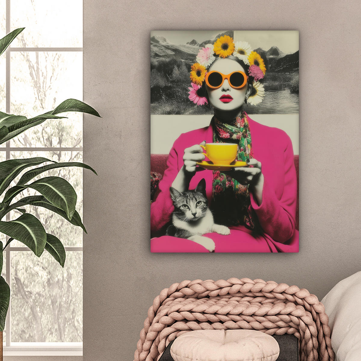 LEINWANDBILD Frau - Katze - Blumen - Tasse - Retro Wanddeko 40x60 cm - Magenta, Textil (40/60cm) - MuchoWow