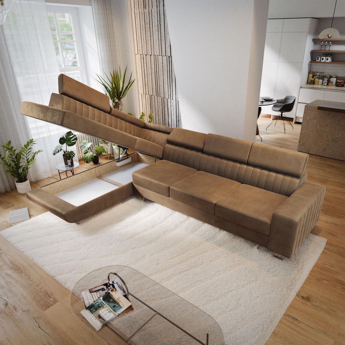 ECKSOFA HESTION Beige Velours-Stoff mit Schlaffunktion - Beige, Holz (332/190cm) - MASSENO