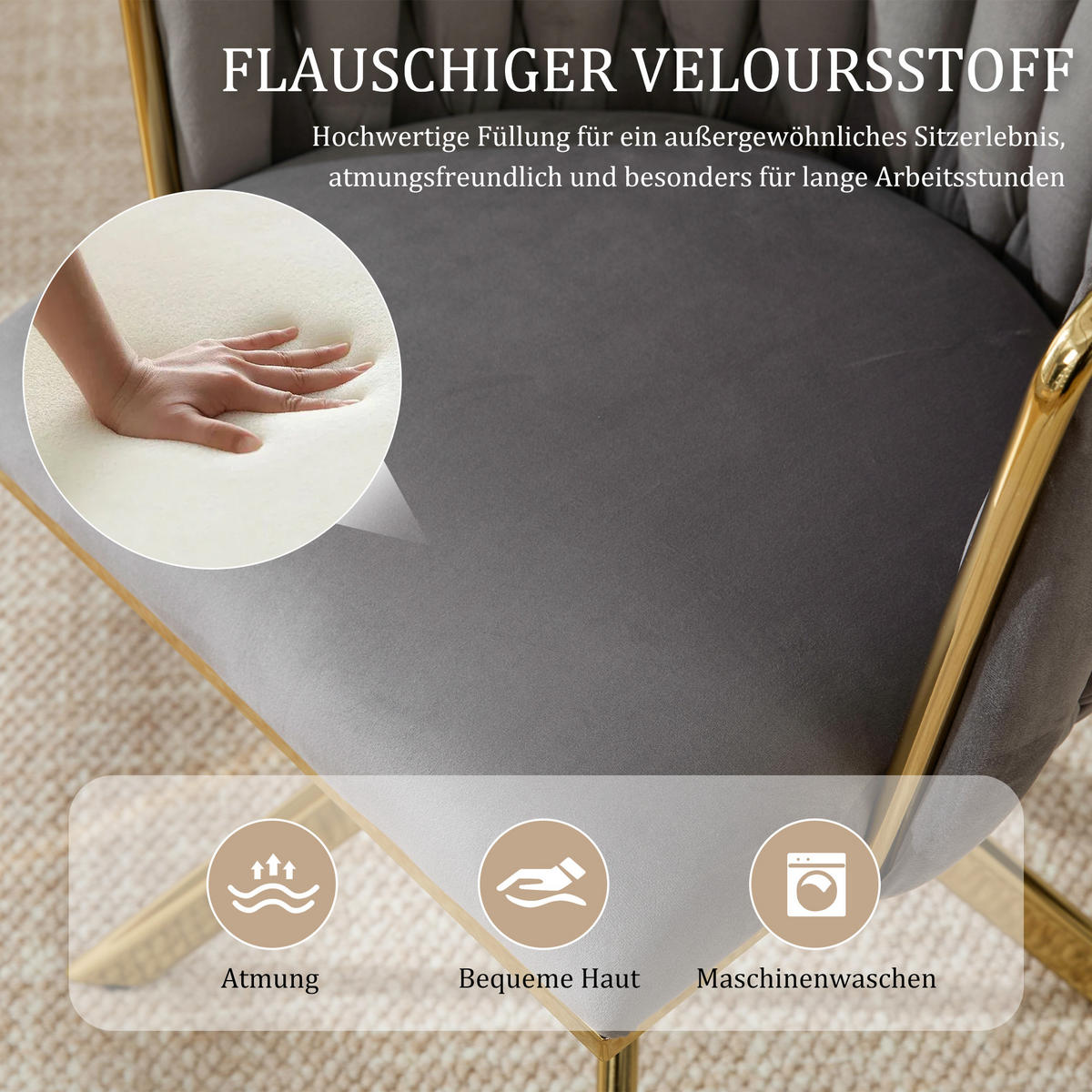 ARMLEHNSTUHL(SET à 2 Stück) mit Metallgestell - ergonomische Rückenlehne und 180° Schwenkfunktion - Dunkelgrau - Grau, Textil/Metall (50/70/56cm) - KOMHTOM