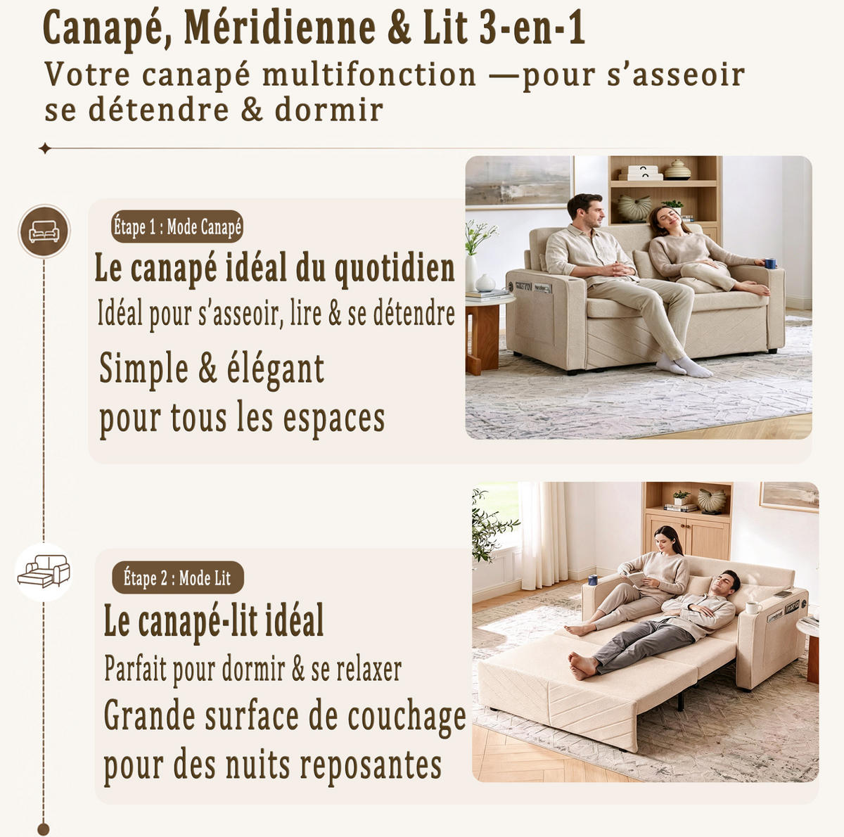 SCHLAFSOFA aus Holz und Stoff mit USB-Anschluss und Ausziehfunktion Beige - Beige, Holz (134/73/195cm) - Modenvie