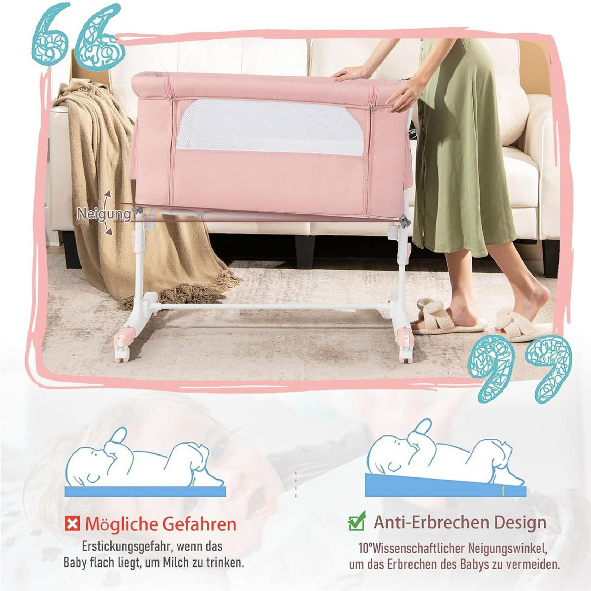 BABYWIEGE mit Wiege rosa - Pink, Textil - COSTWAY
