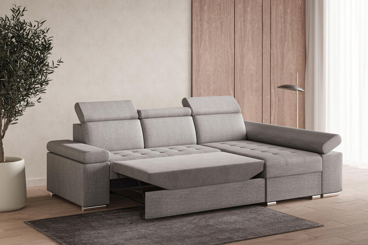 ECKSOFA mit Schlaffunktion Luka L Twist 19 - Hellgrau - Rechts - Silberfarben/Hellgrau, Holzwerkstoff (260/168cm) - Möblo