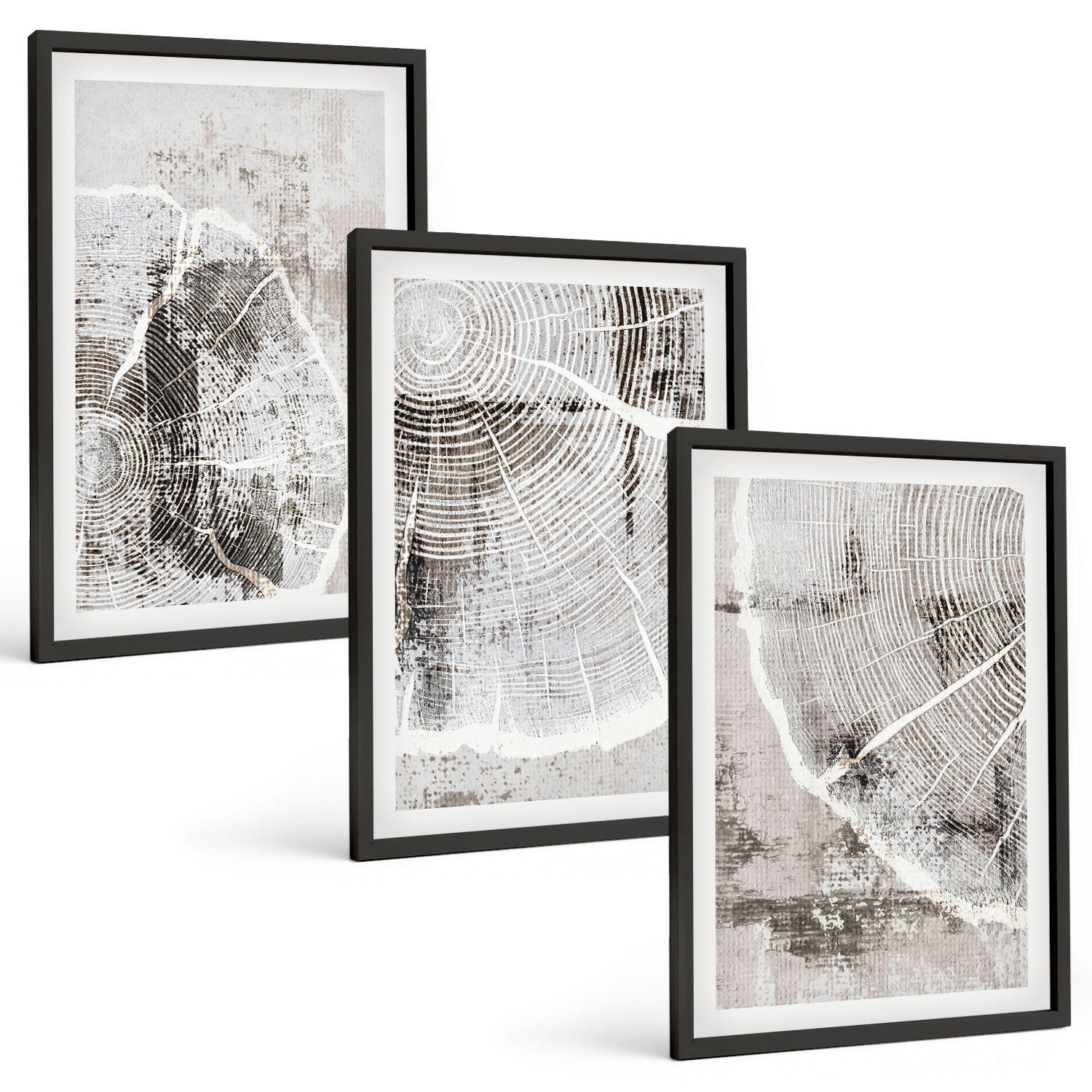BILDER SET 3er Set - 40x60 cm Schwarzer Rahmen - Graue Holzmaserungsmuster - Schwarz, Kunststoff (40/60cm) - TULUP