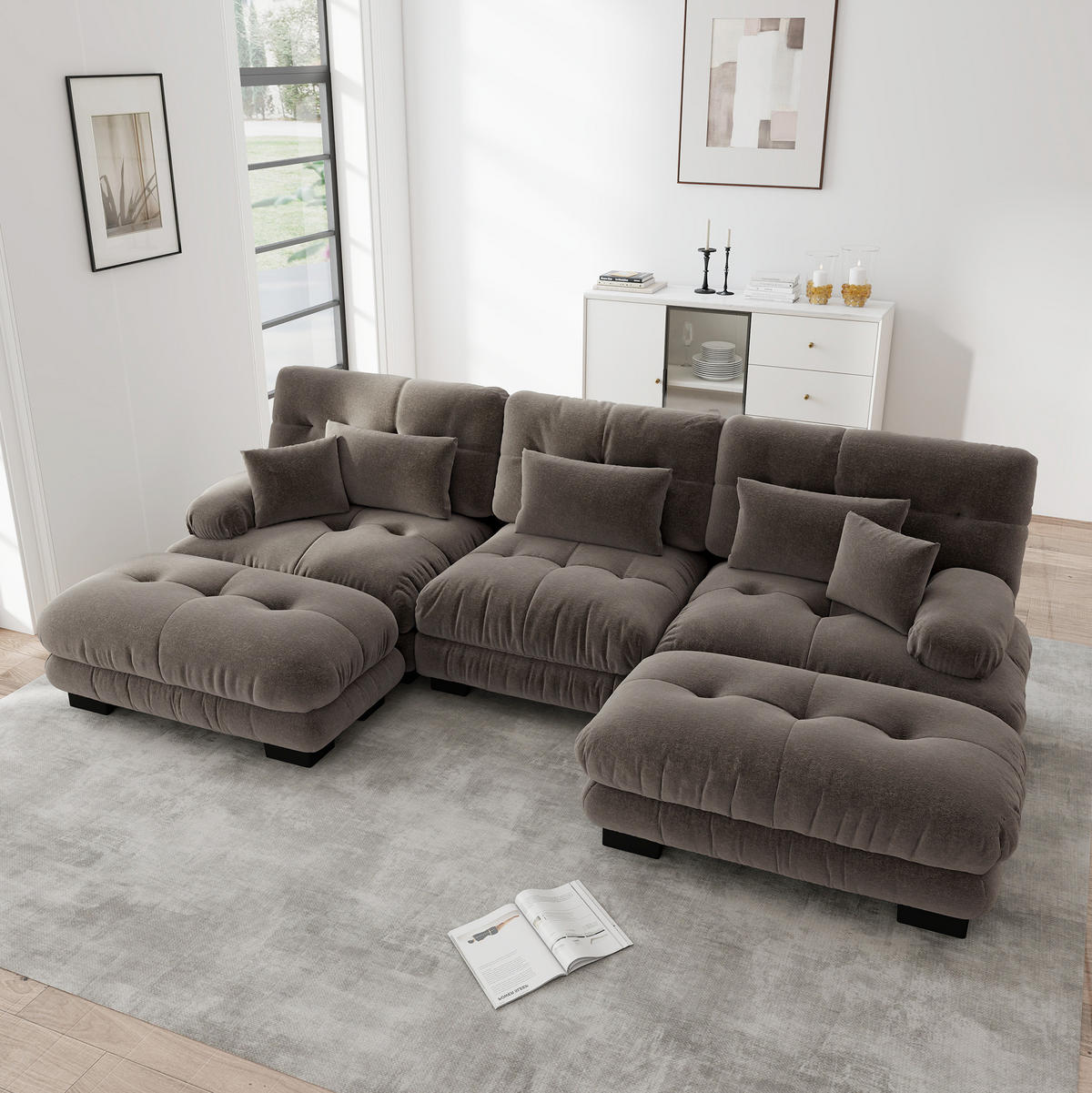 WOHNLANDSCHAFT aus Chenille in Braun mit Ottomanen modular - Braun, Textil (145/81/313cm) - Modfu